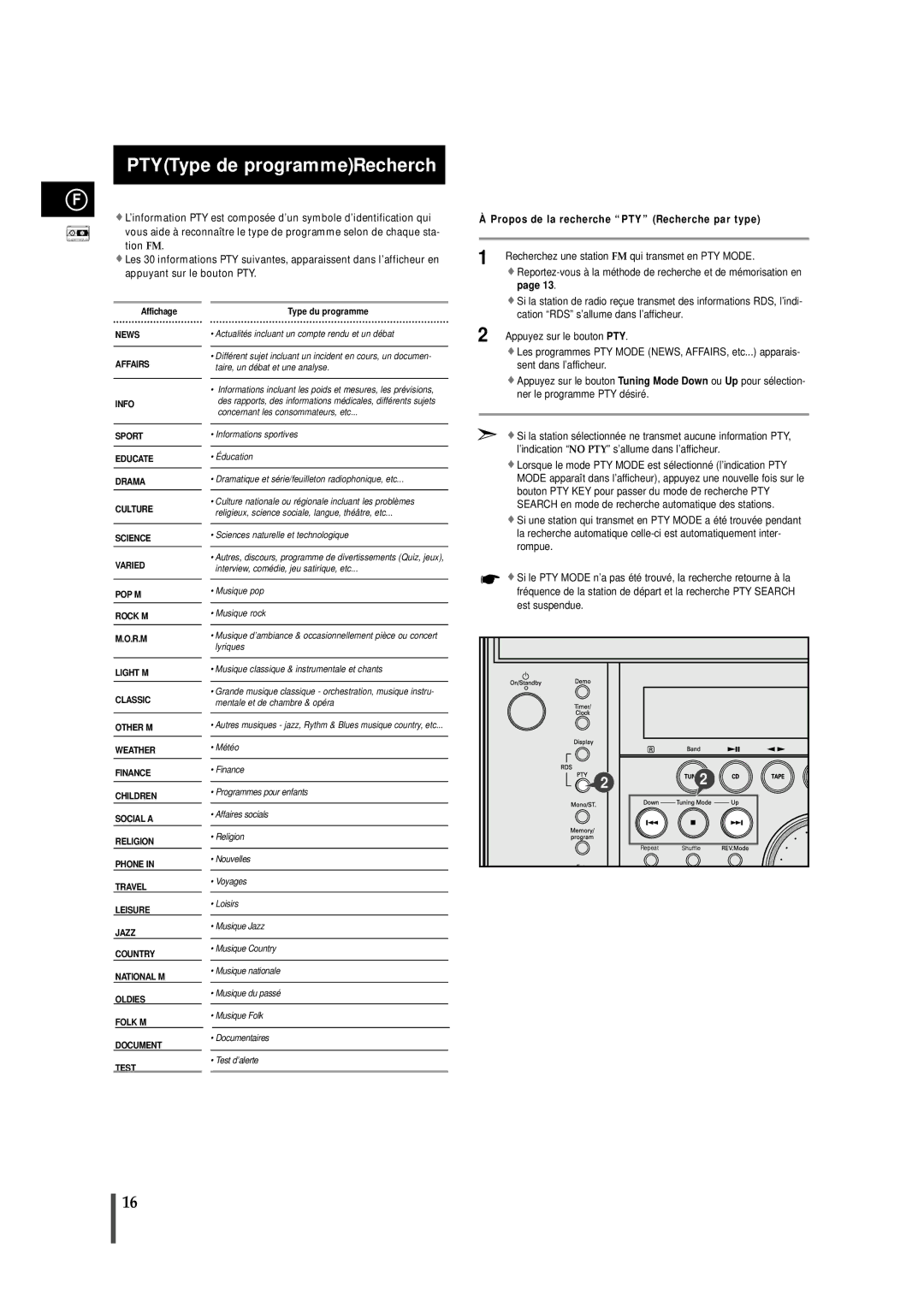 Samsung MAXN66RH/XEF, MAXN66RH/ELS manual PTYType de programmeRecherch, Propos de la recherche PTY Recherche par type 