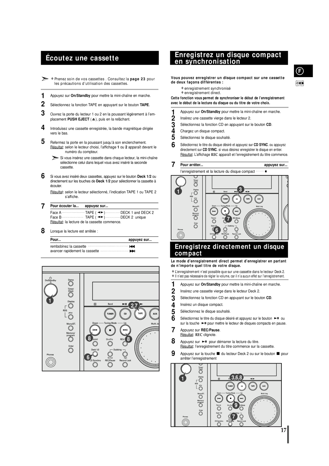 Samsung MAXN66RH/ELS, MAXN66RH/XEF manual Écoutez une cassette, Enregistrez un disque compact en synchronisation 