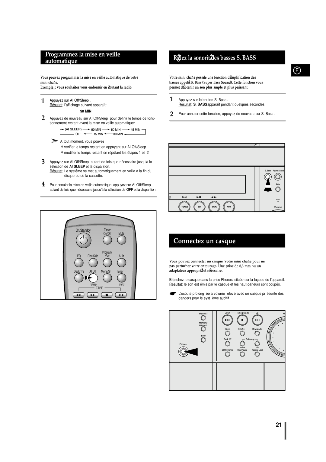 Samsung MAXN66RH/ELS Connectez un casque, Programmez la mise en veille automatique, Réglez la sonorité des basses S. Bass 