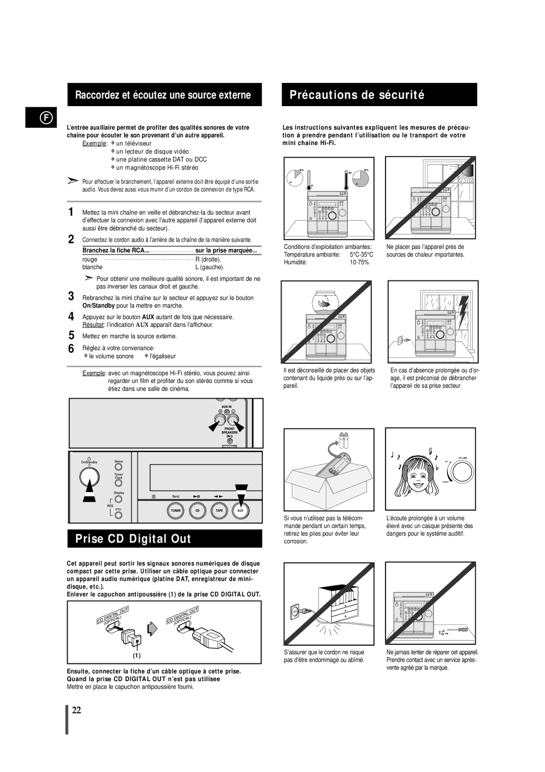 Samsung MAXN66RH/XEF, MAXN66RH/ELS manual Précautions de sécurité, Prise CD Digital Out, Branchez la fiche RCA 