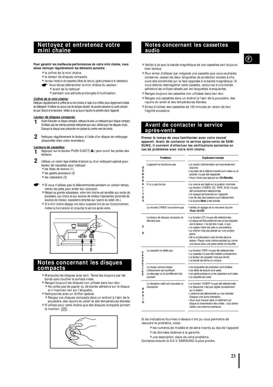 Samsung MAXN66RH/ELS manual Nettoyez et entretenez votre mini chaîne, Avant de contacter le service après-vente, Lecteurs 