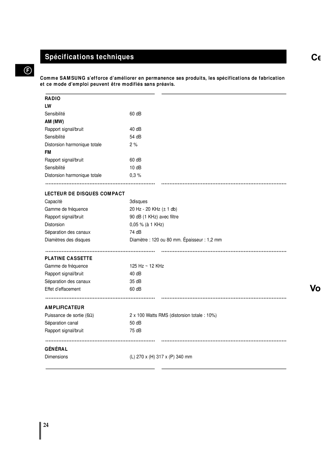 Samsung MAXN66RH/XEF, MAXN66RH/ELS manual Spécifications techniques, Lecteur DE Disques Compact 