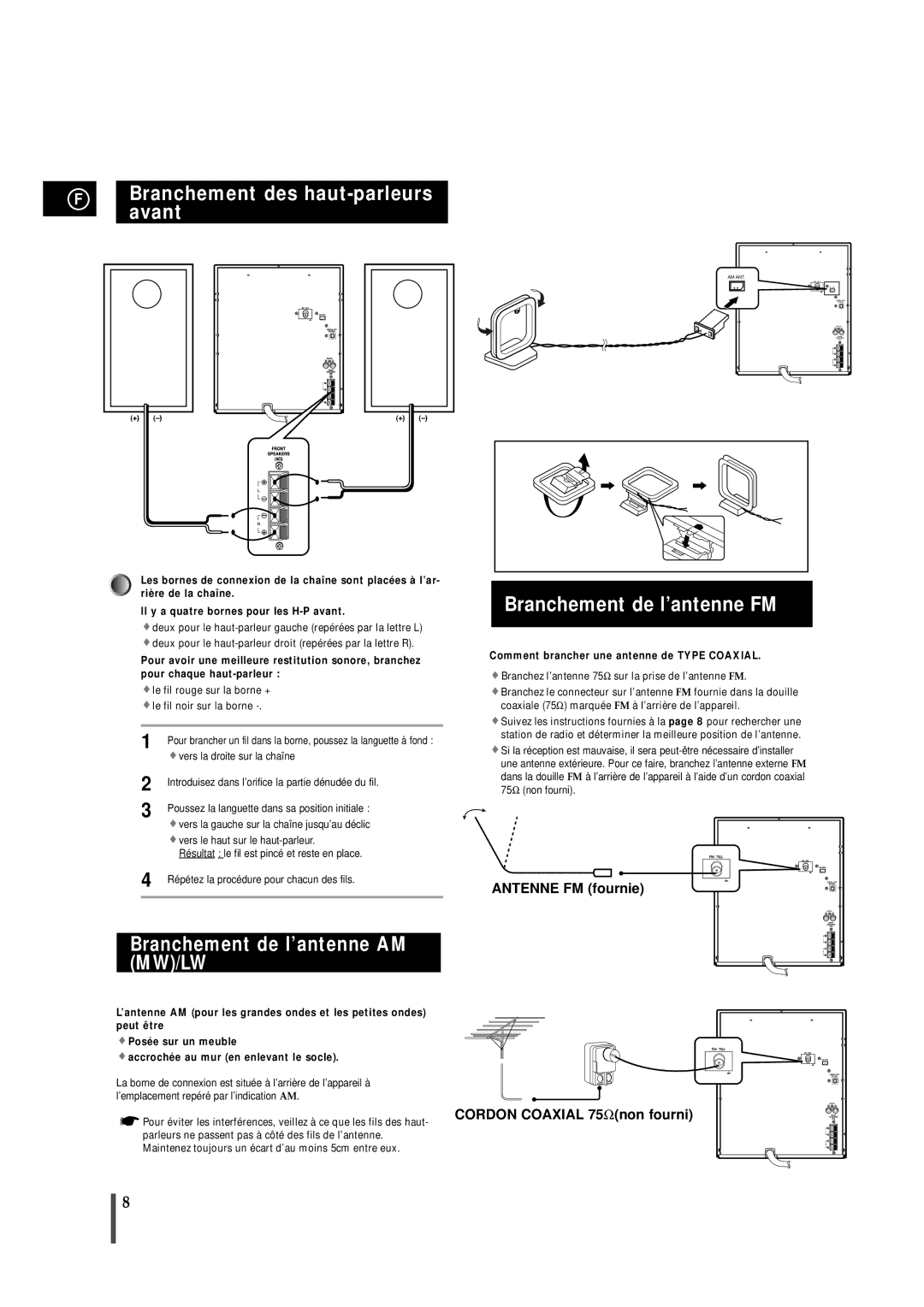 Samsung MAXN66RH/XEF, MAXN66RH/ELS manual Branchement des haut-parleurs avant, Comment brancher une antenne de Type Coaxial 