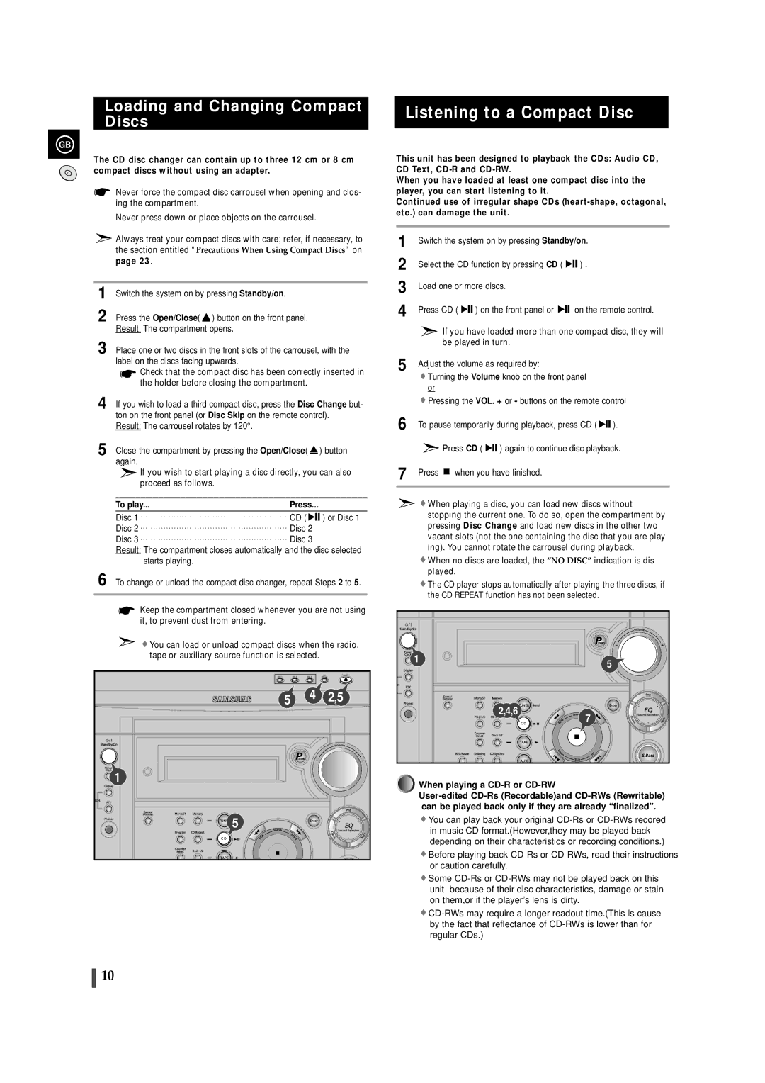 Samsung MAXS520RH/XEF, MAXS520RH/ELS manual Listening to a Compact Disc, Loading and Changing Compact Discs, To play 