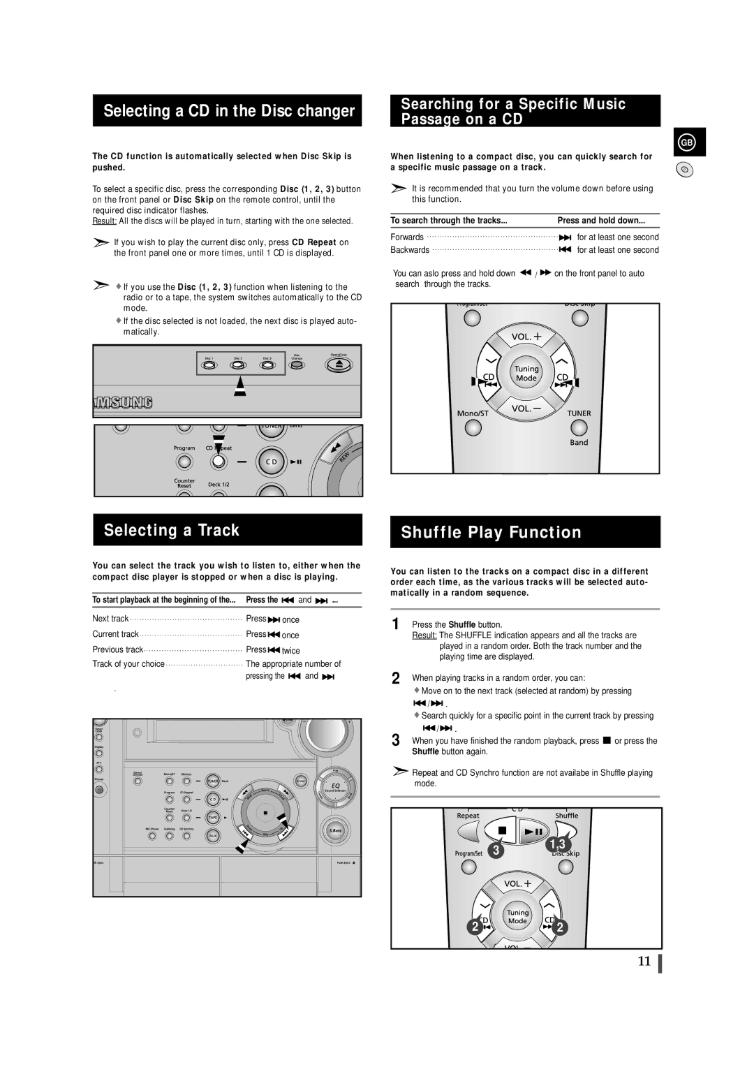 Samsung MAXS530RH/XEF, MAXS520RH/ELS manual Selecting a CD in the Disc changer, Selecting a Track, Shuffle Play Function 