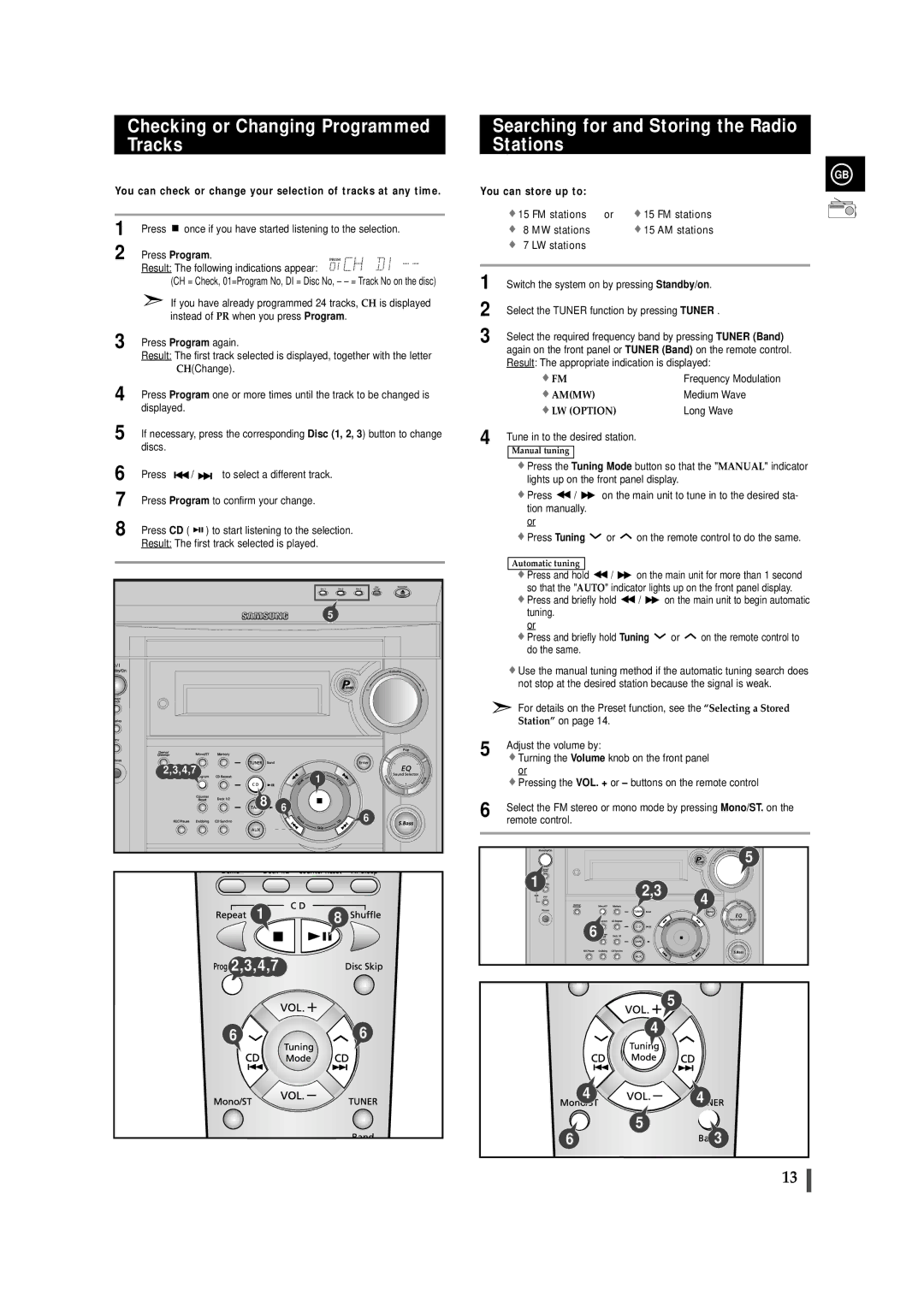 Samsung MAXS530RH/ELS, MAXS520RH/ELS Checking or Changing Programmed Tracks, Searching for and Storing the Radio Stations 