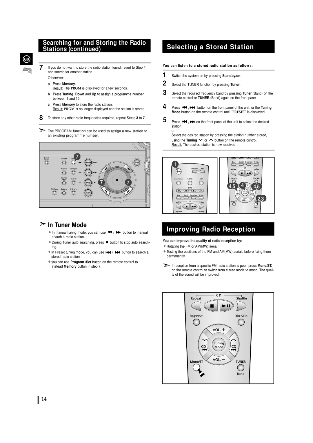 Samsung MAXS520RH/XEF, MAXS520RH/ELS, MAXS530RH/ELS, MAXS530RH/XEF Selecting a Stored Station, Improving Radio Reception 