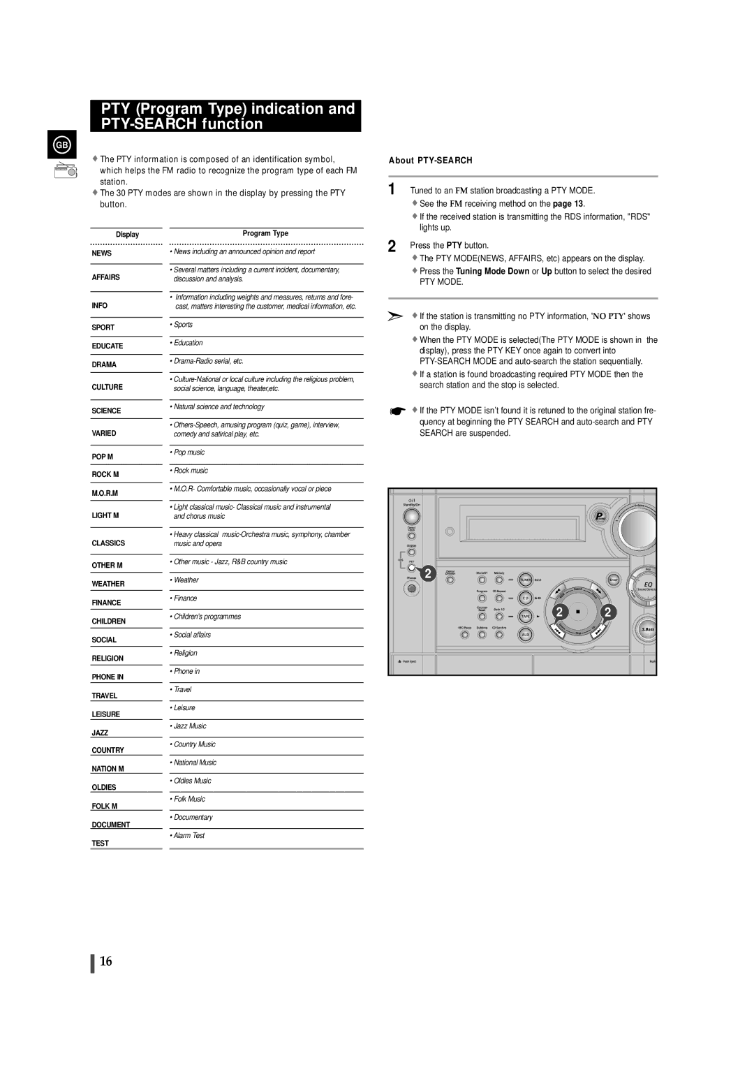 Samsung MAXS520RH/ELS, MAXS530RH/ELS, MAXS520RH/XEF PTY Program Type indication and PTY-SEARCH function, About PTY-SEARCH 