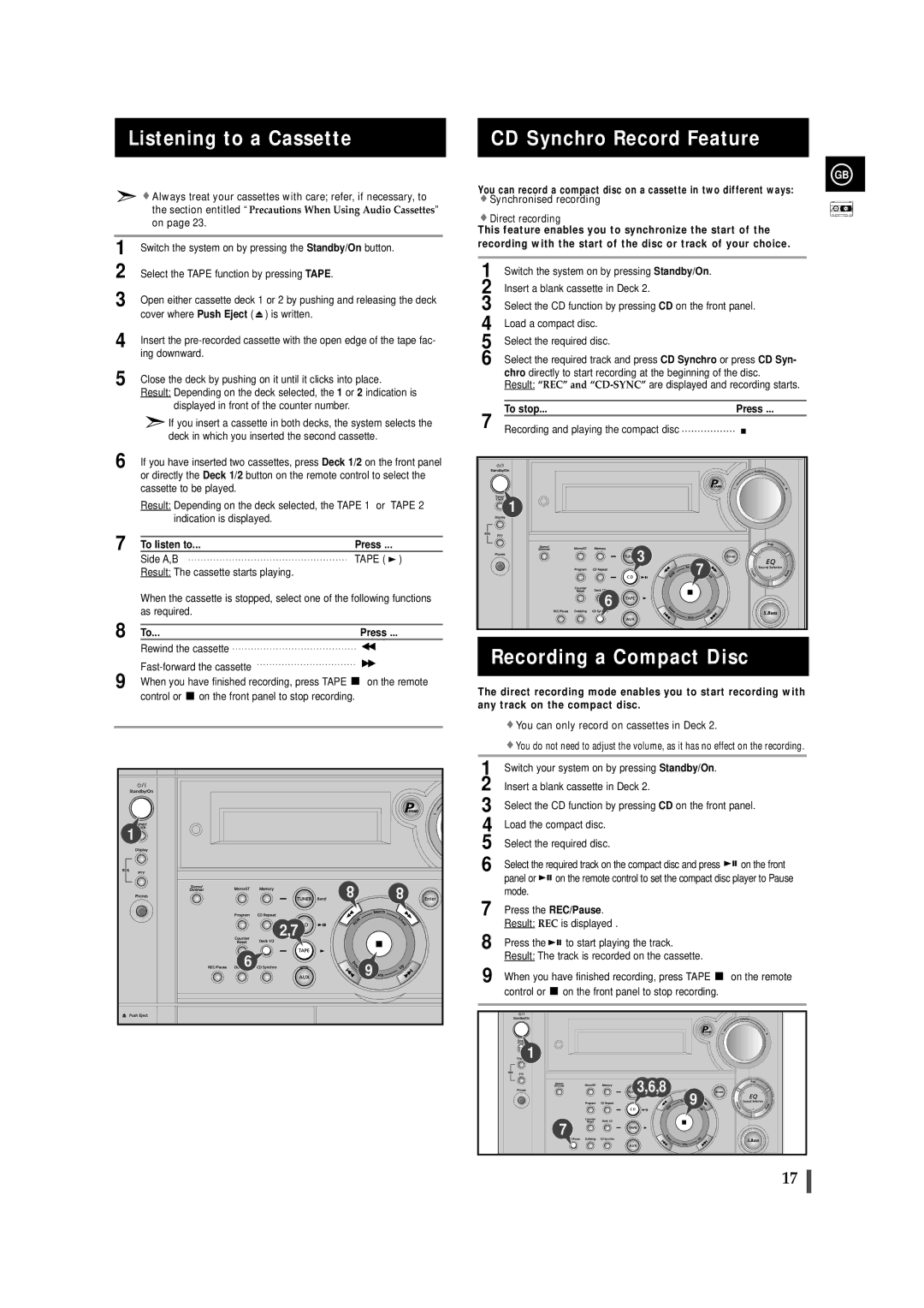 Samsung MAXS530RH/ELS, MAXS520RH/ELS manual Listening to a Cassette, CD Synchro Record Feature, Recording a Compact Disc 