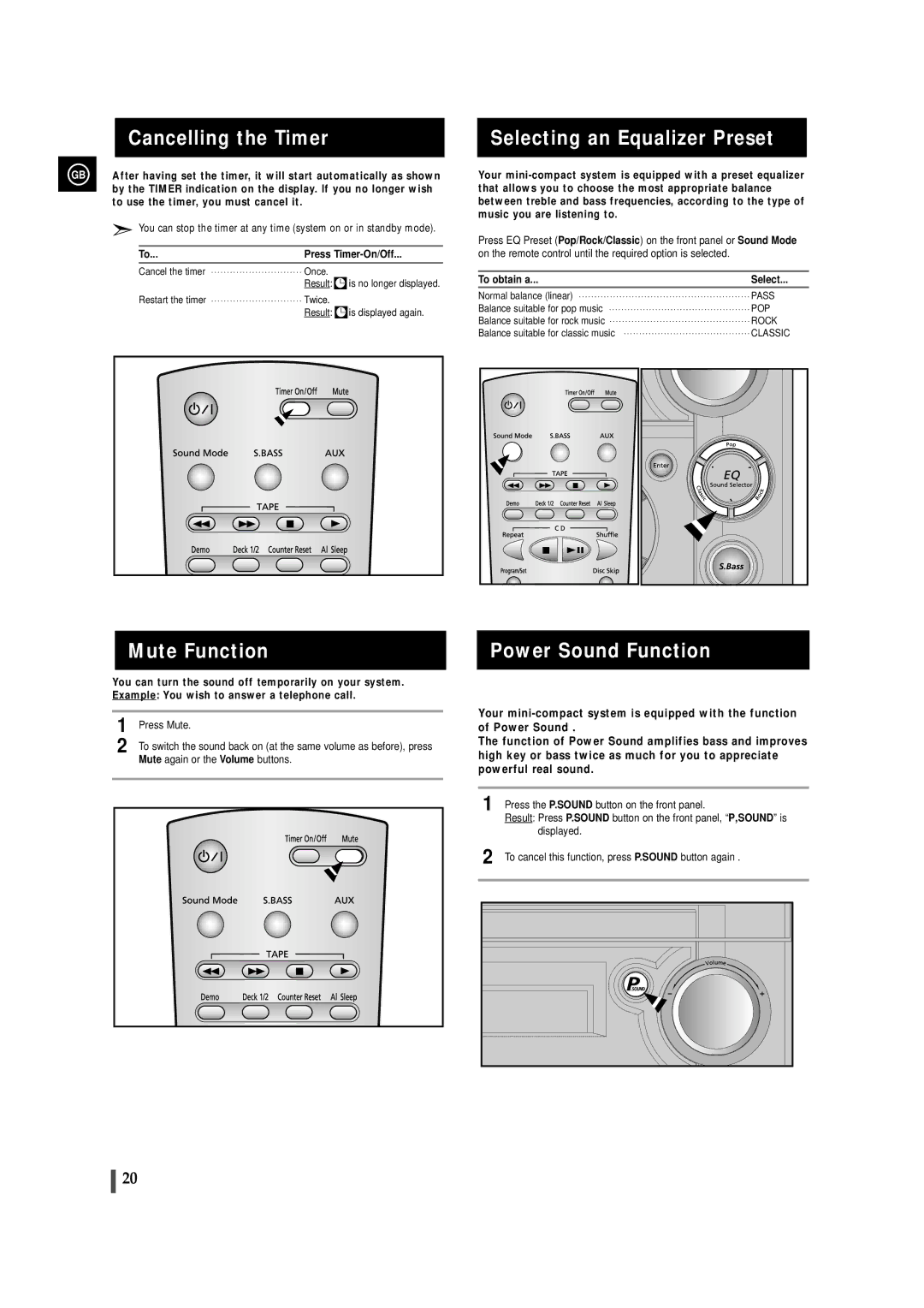 Samsung MAXS520RH/ELS manual Cancelling the Timer, Mute Function, Selecting an Equalizer Preset, Power Sound Function 