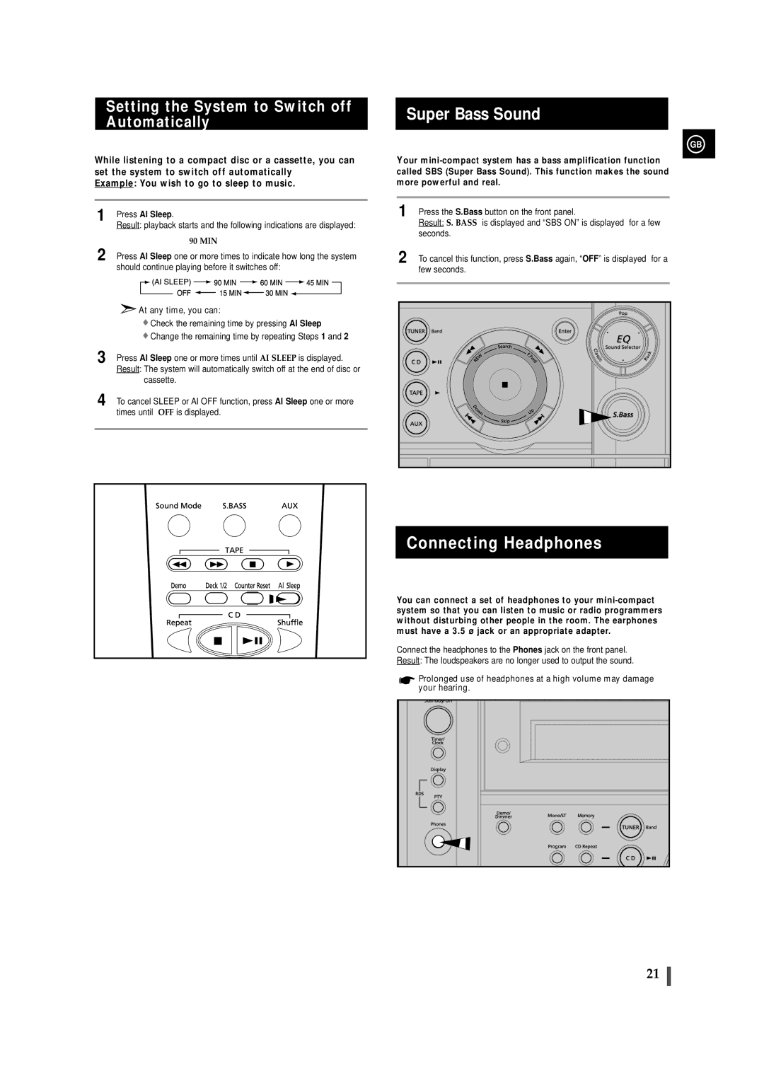 Samsung MAXS530RH/ELS manual Super Bass Sound, Connecting Headphones, Setting the System to Switch off Automatically 