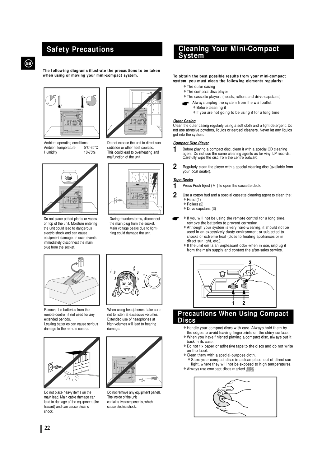 Samsung MAXS520RH/XEF manual Safety Precautions, Cleaning Your Mini-Compact System, Precautions When Using Compact Discs 