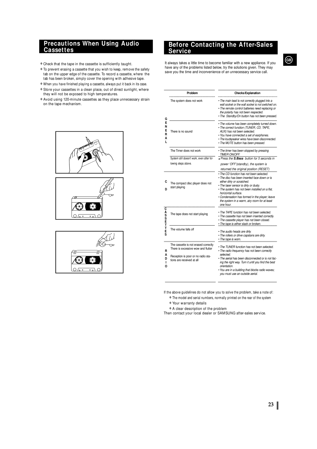 Samsung MAXS530RH/XEF, MAXS520RH/ELS Precautions When Using Audio Cassettes, Before Contacting the After-Sales Service 