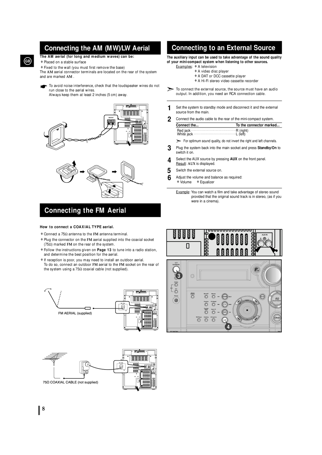 Samsung MAXS520RH/ELS manual Connecting the AM MW/LW Aerial, Connecting to an External Source, Connecting the FM Aerial 