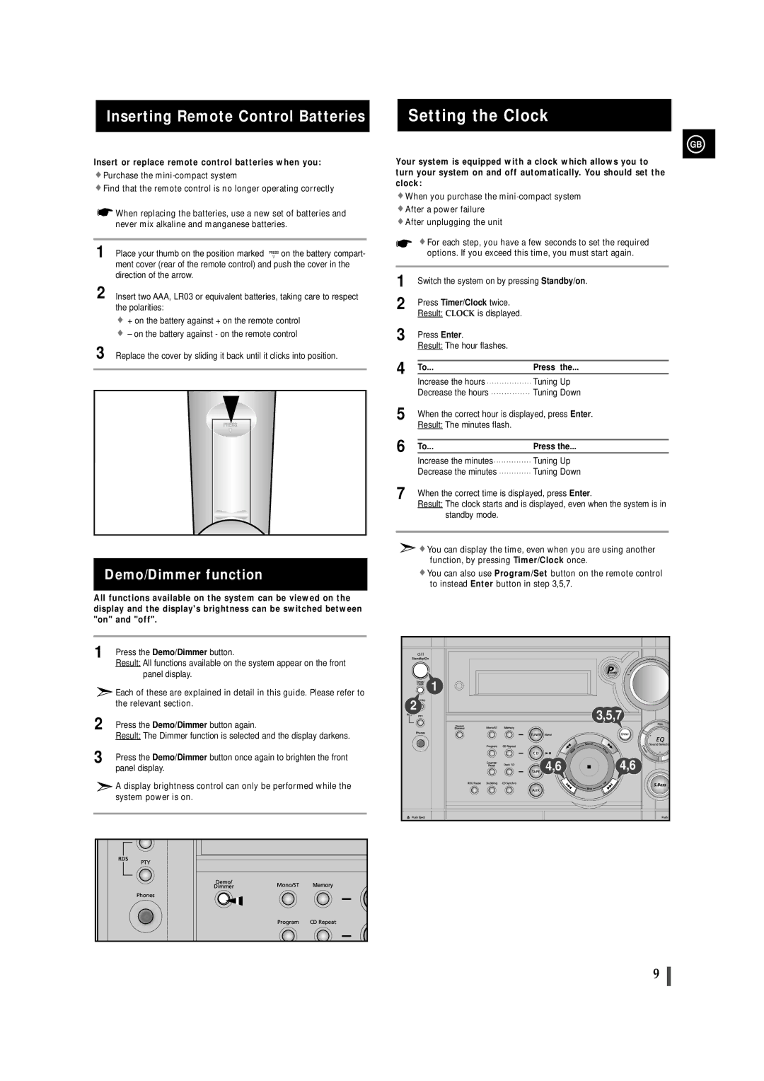 Samsung MAXS530RH/ELS, MAXS520RH/ELS, MAXS520RH/XEF manual Setting the Clock, Inserting Remote Control Batteries, Press 