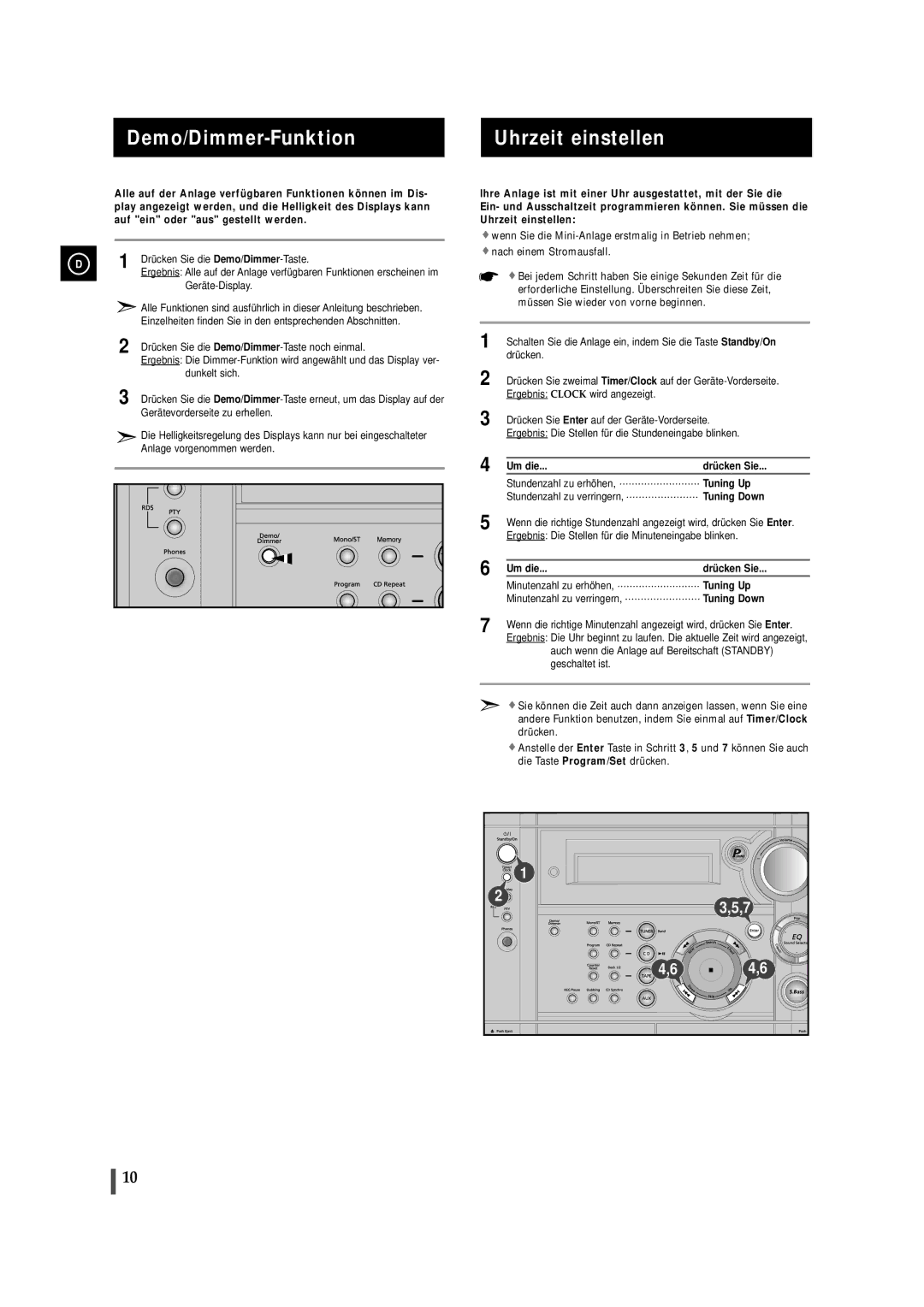 Samsung MAXS530RH/ELS, MAXS520RH/ELS Demo/Dimmer-Funktion Uhrzeit einstellen, Um die Drücken Sie, Tuning Up, Tuning Down 