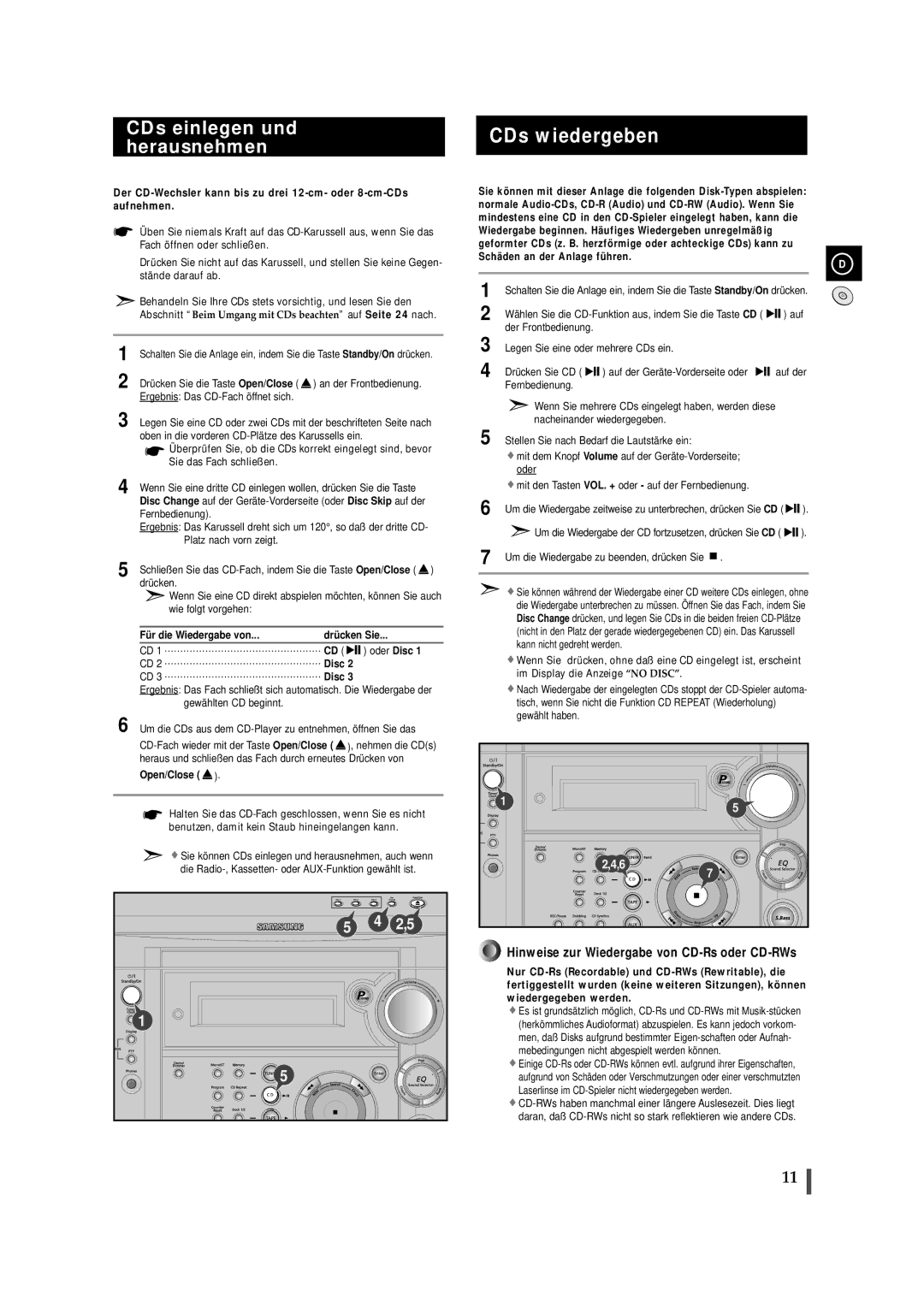 Samsung MAXS520RH/XEF manual CDs wiedergeben, CDs einlegen und herausnehmen, Für die Wiedergabe von Drücken Sie Oder Disc 