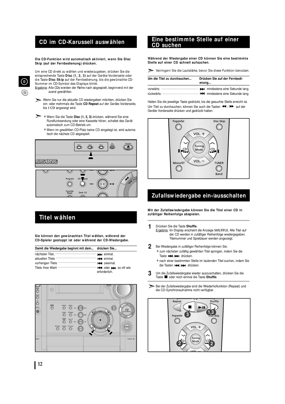 Samsung MAXS520RH/ELS Titel wählen, CD im CD-Karussell auswählen, Eine bestimmte Stelle auf einer CD suchen, Rückwärts 