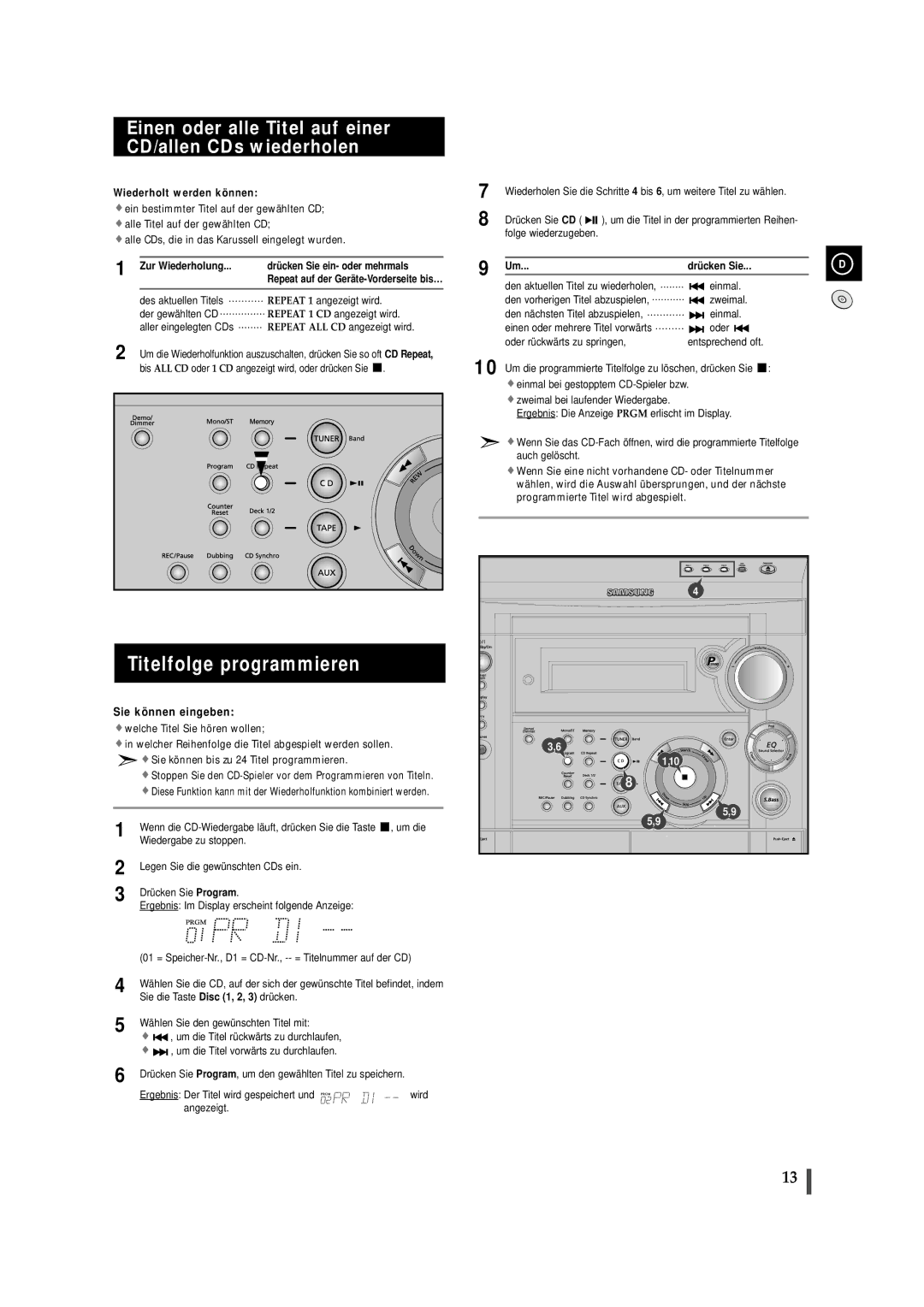 Samsung MAXS530RH/ELS, MAXS520RH/ELS Titelfolge programmieren, Einen oder alle Titel auf einer CD/allen CDs wiederholen 