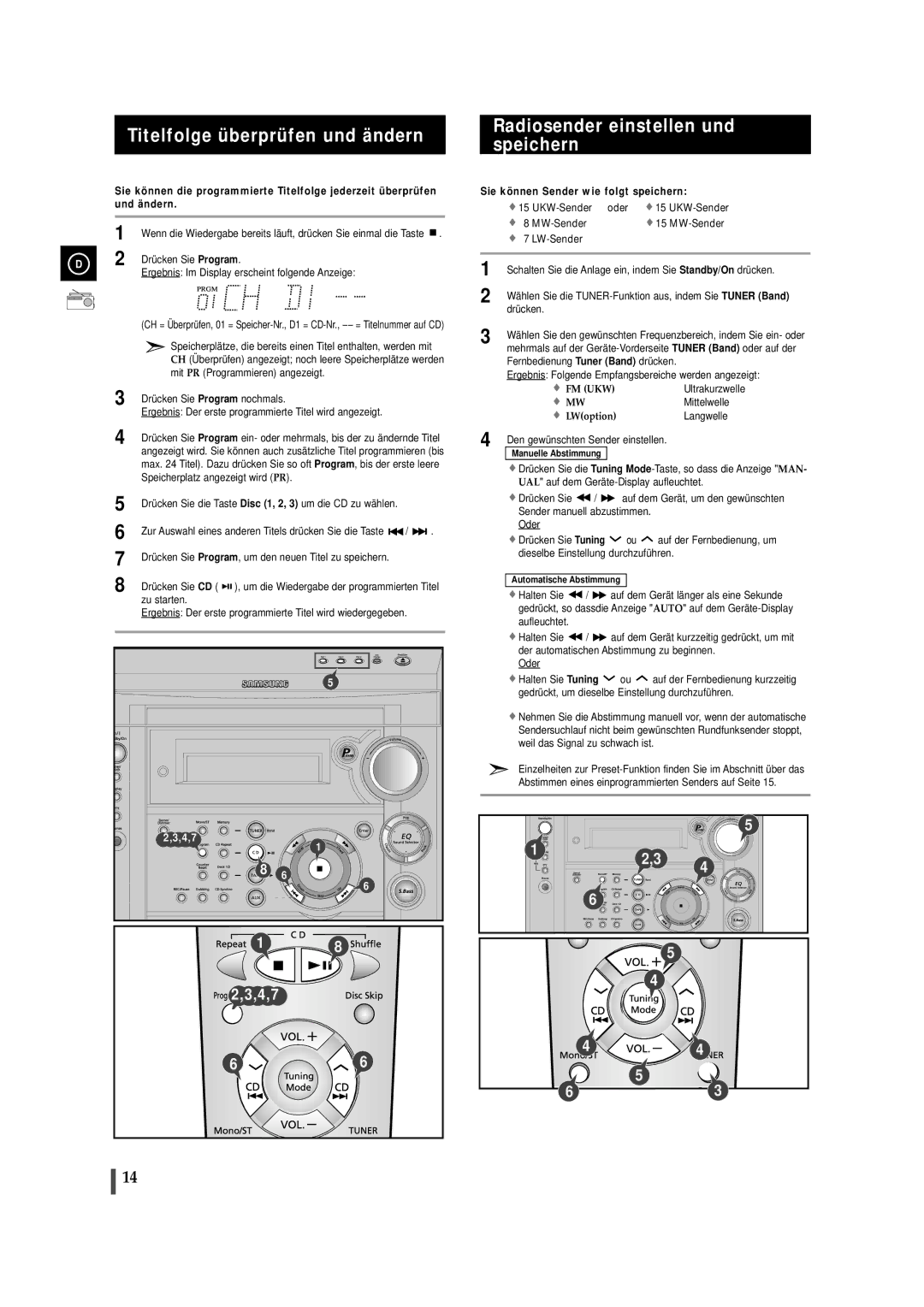 Samsung MAXS520RH/XEF, MAXS520RH/ELS, MAXS530RH/ELS Titelfolge überprüfen und ändern, Radiosender einstellen und speichern 