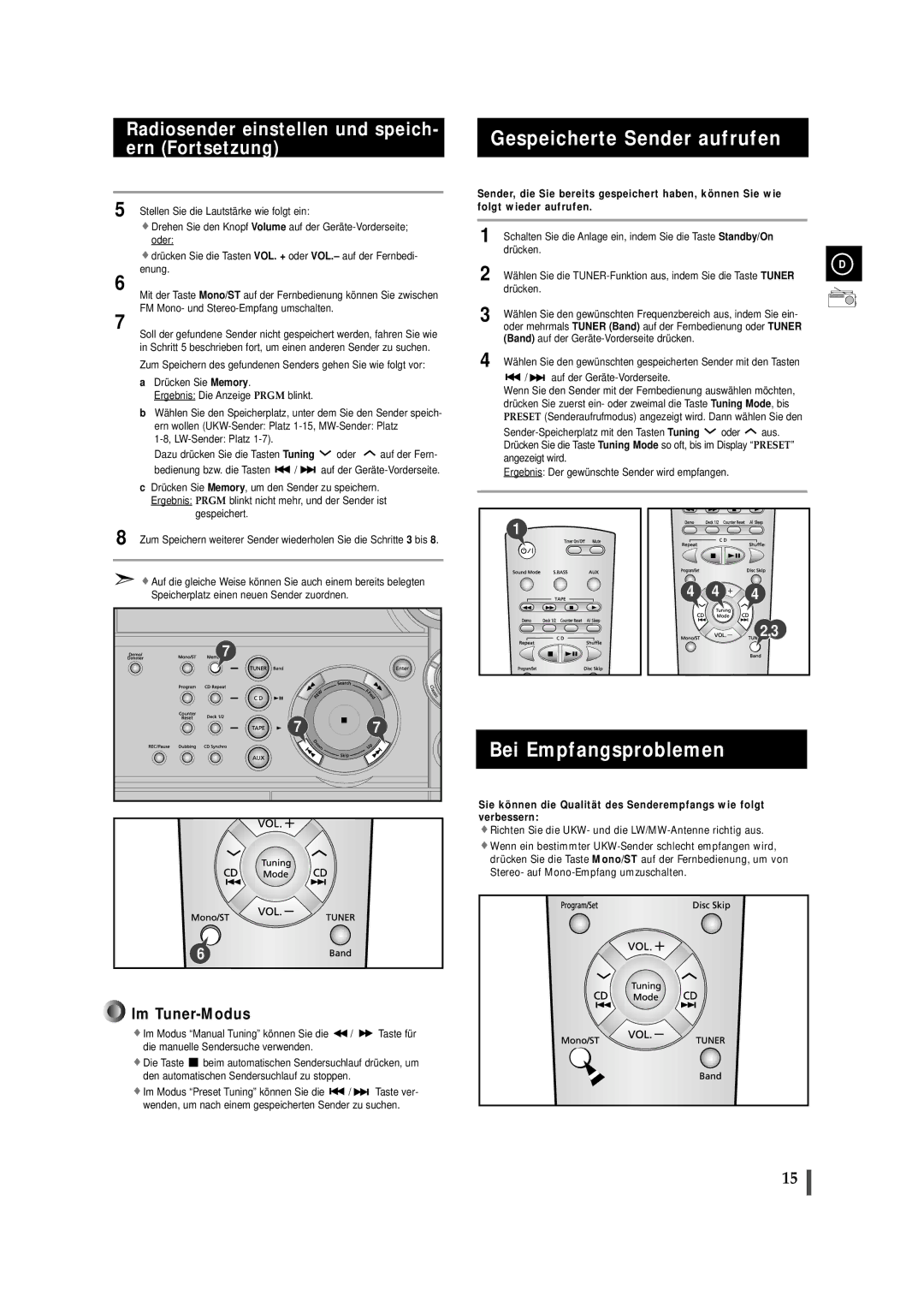 Samsung MAXS520RH/ELS, MAXS530RH/ELS, MAXS520RH/XEF manual Gespeicherte Sender aufrufen, Bei Empfangsproblemen 