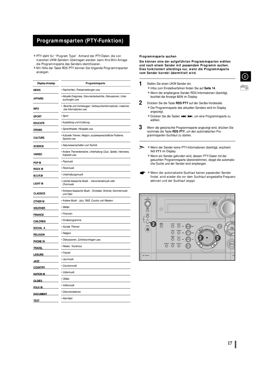 Samsung MAXS520RH/XEF, MAXS520RH/ELS, MAXS530RH/ELS manual Programmsparten PTY-Funktion 