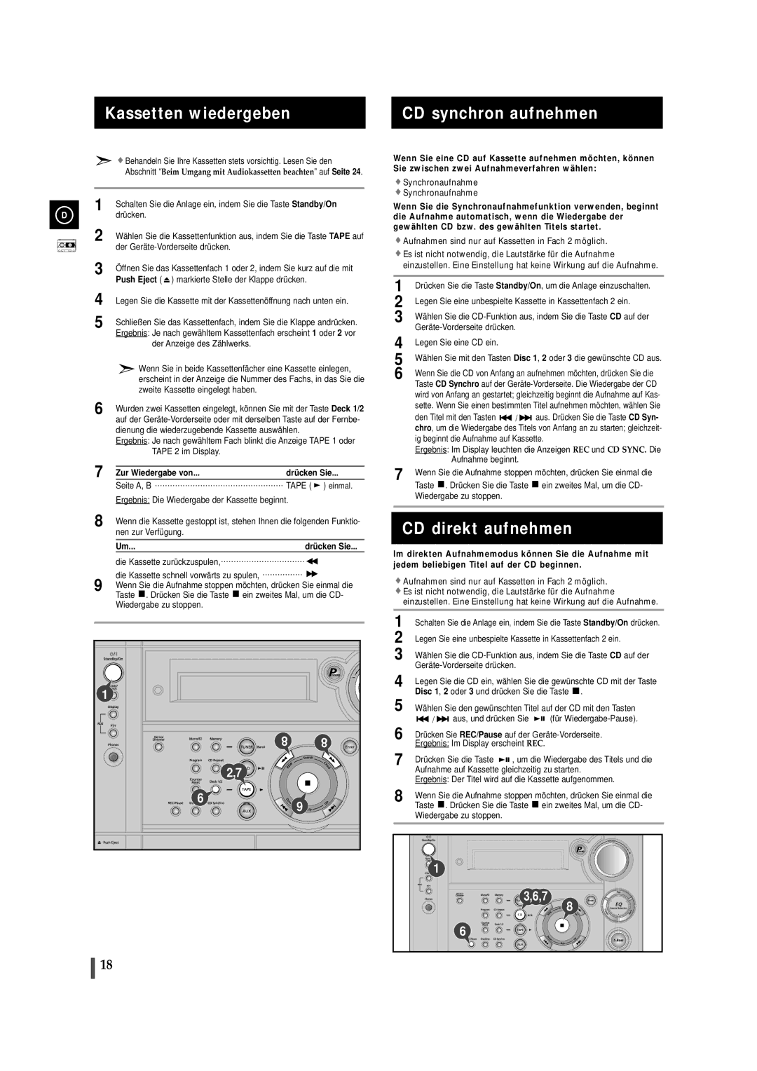 Samsung MAXS520RH/ELS Kassetten wiedergeben CD synchron aufnehmen, CD direkt aufnehmen, Zur Wiedergabe von Drücken Sie 