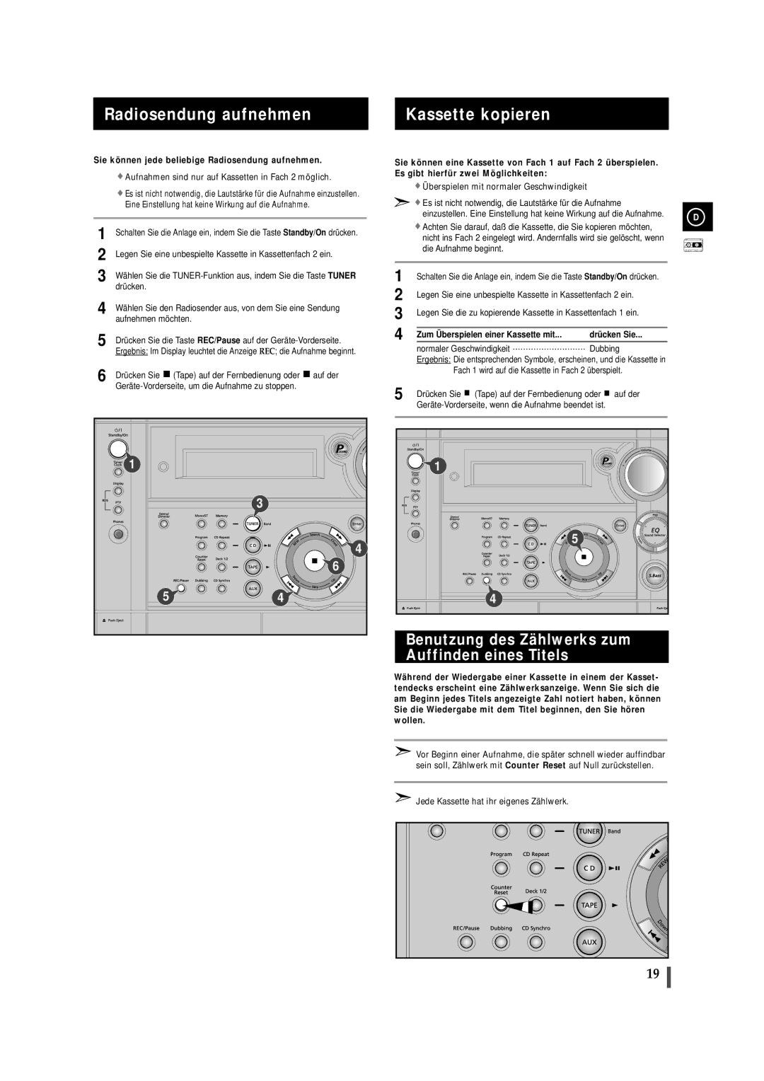 Samsung MAXS530RH/ELS manual Radiosendung aufnehmen Kassette kopieren, Benutzung des Zählwerks zum Auffinden eines Titels 