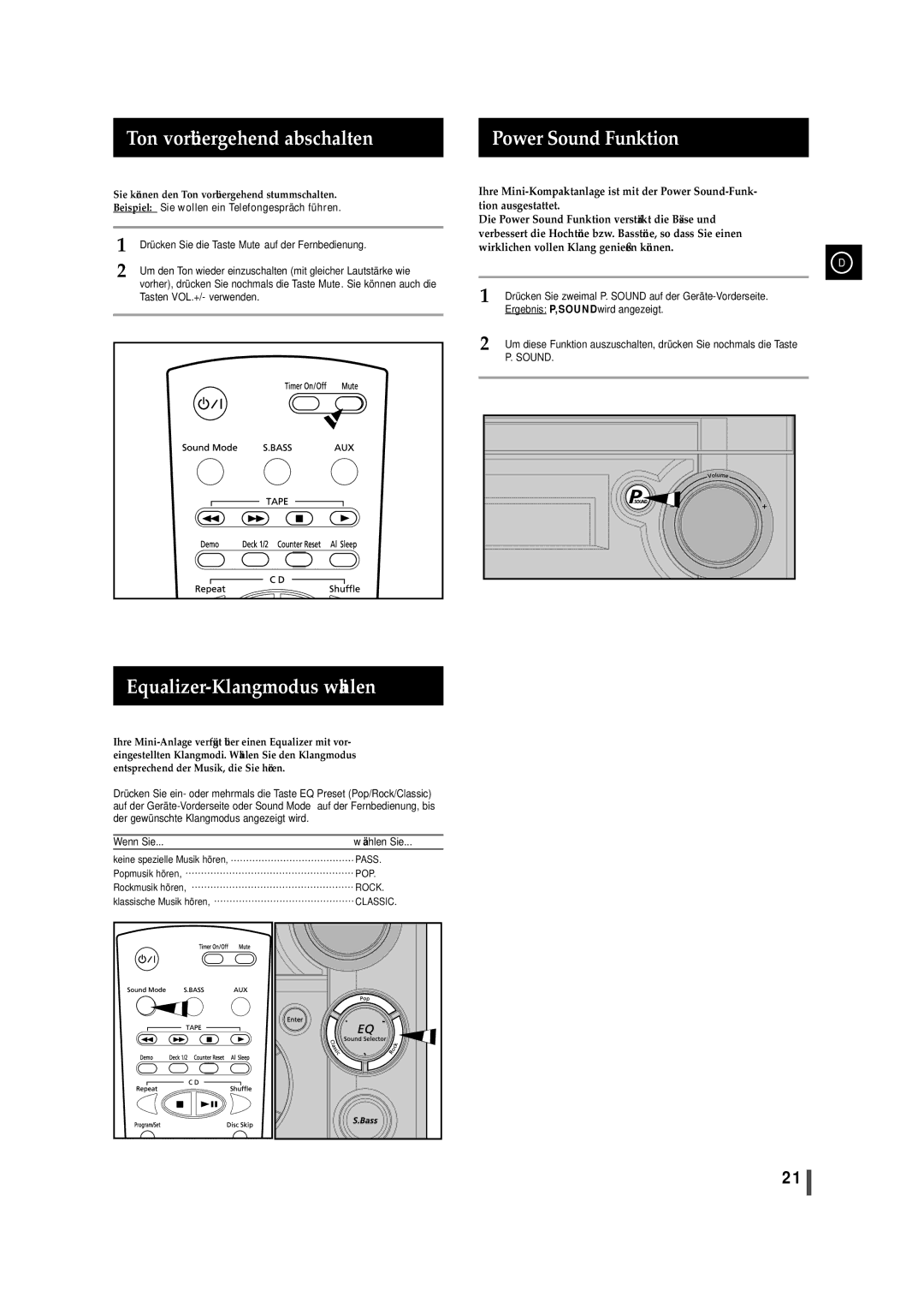 Samsung MAXS520RH/ELS manual Ton vorübergehend abschalten Power Sound Funktion, Equalizer-Klangmodus wählen, Wenn Sie 