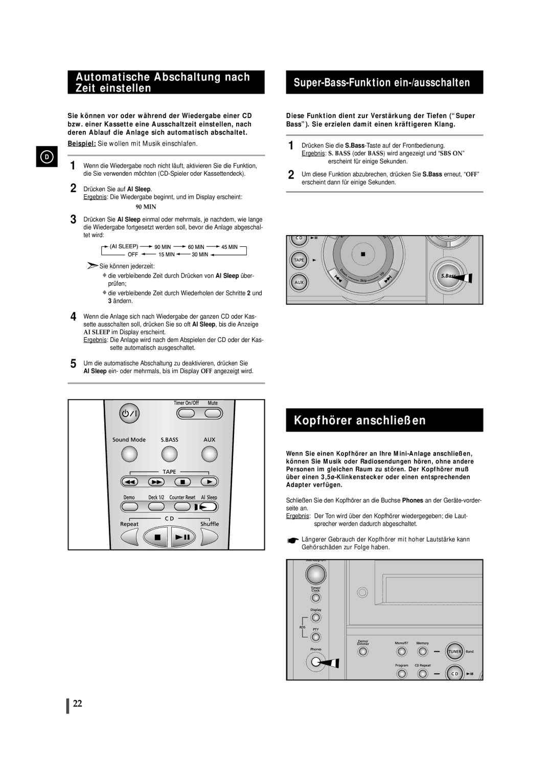 Samsung MAXS530RH/ELS, MAXS520RH/ELS, MAXS520RH/XEF Kopfhörer anschließen, Automatische Abschaltung nach, Zeit einstellen 