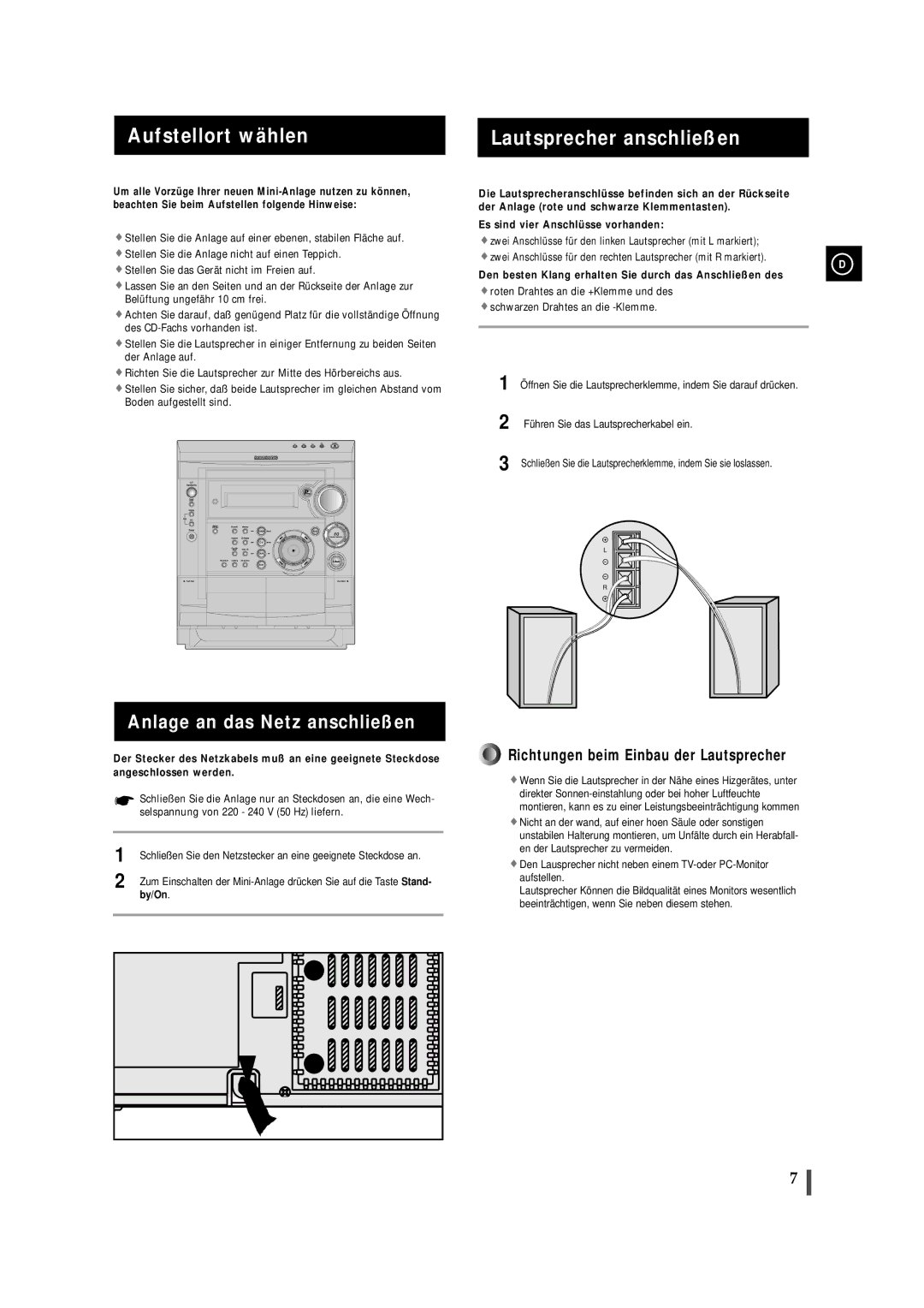 Samsung MAXS530RH/ELS, MAXS520RH/ELS Aufstellort wählen Lautsprecher anschließen, Anlage an das Netz anschließen, By/On 