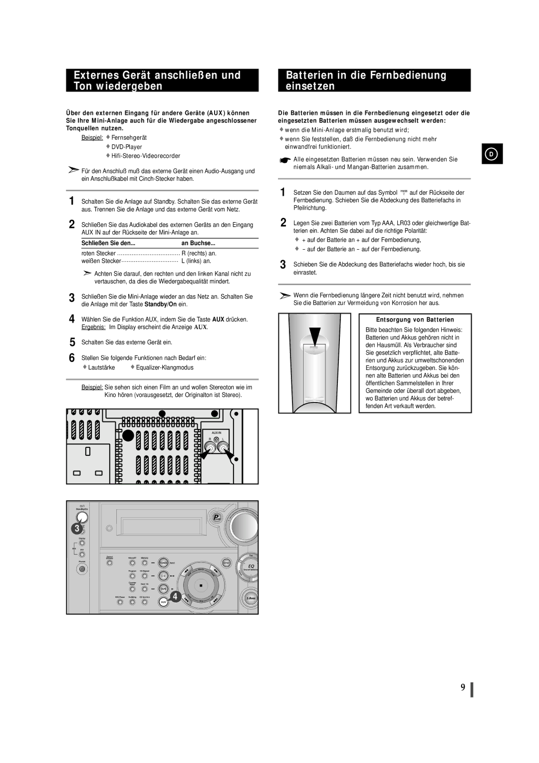 Samsung MAXS520RH/ELS, MAXS530RH/ELS, MAXS520RH/XEF manual Schließen Sie den An Buchse, Entsorgung von Batterien 