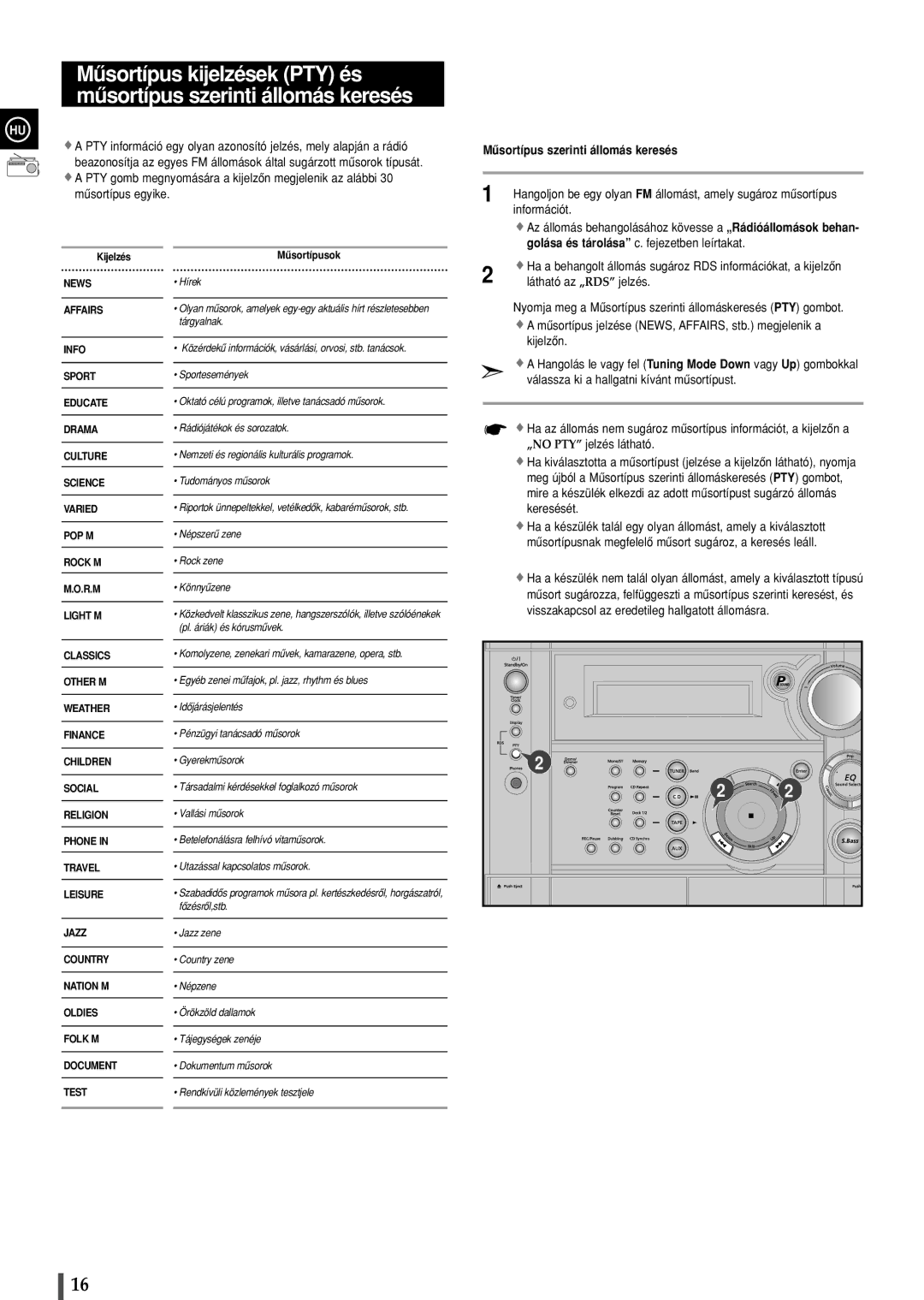 Samsung MAXS520RH/ELS, MAXS530RH/ELS manual Mûsortípus szerinti állomás keresés, Mûsortípusok 