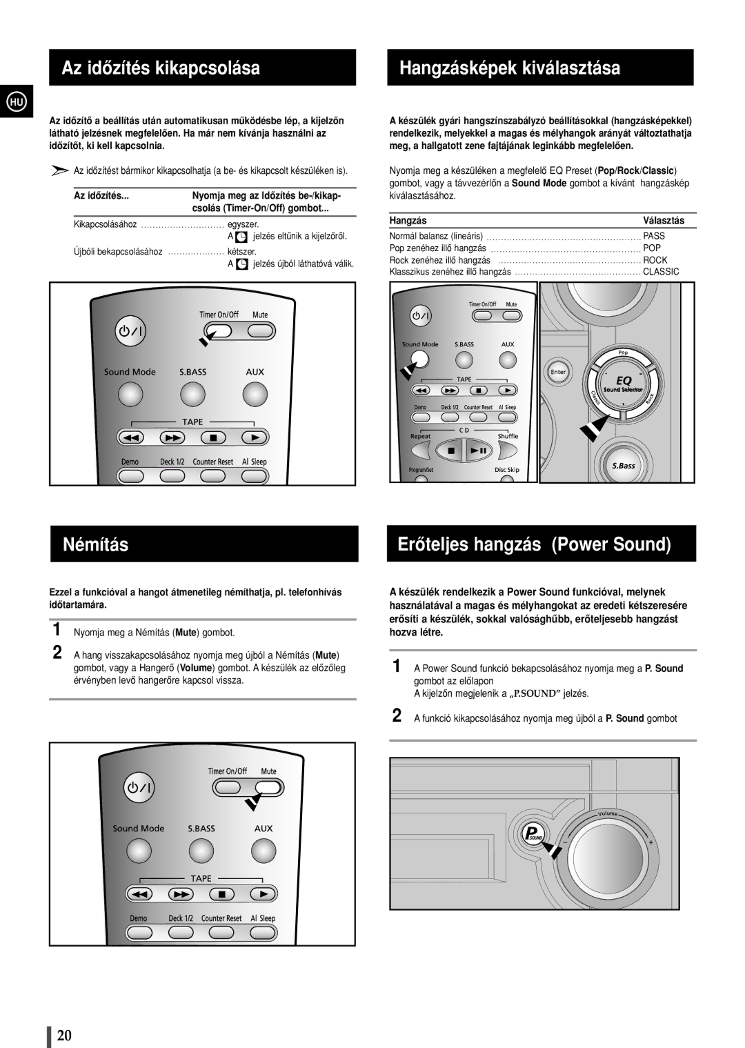 Samsung MAXS520RH/ELS Az idôzítés kikapcsolása Hangzásképek kiválasztása, Némítás, Erôteljes hangzás Power Sound, Kétszer 