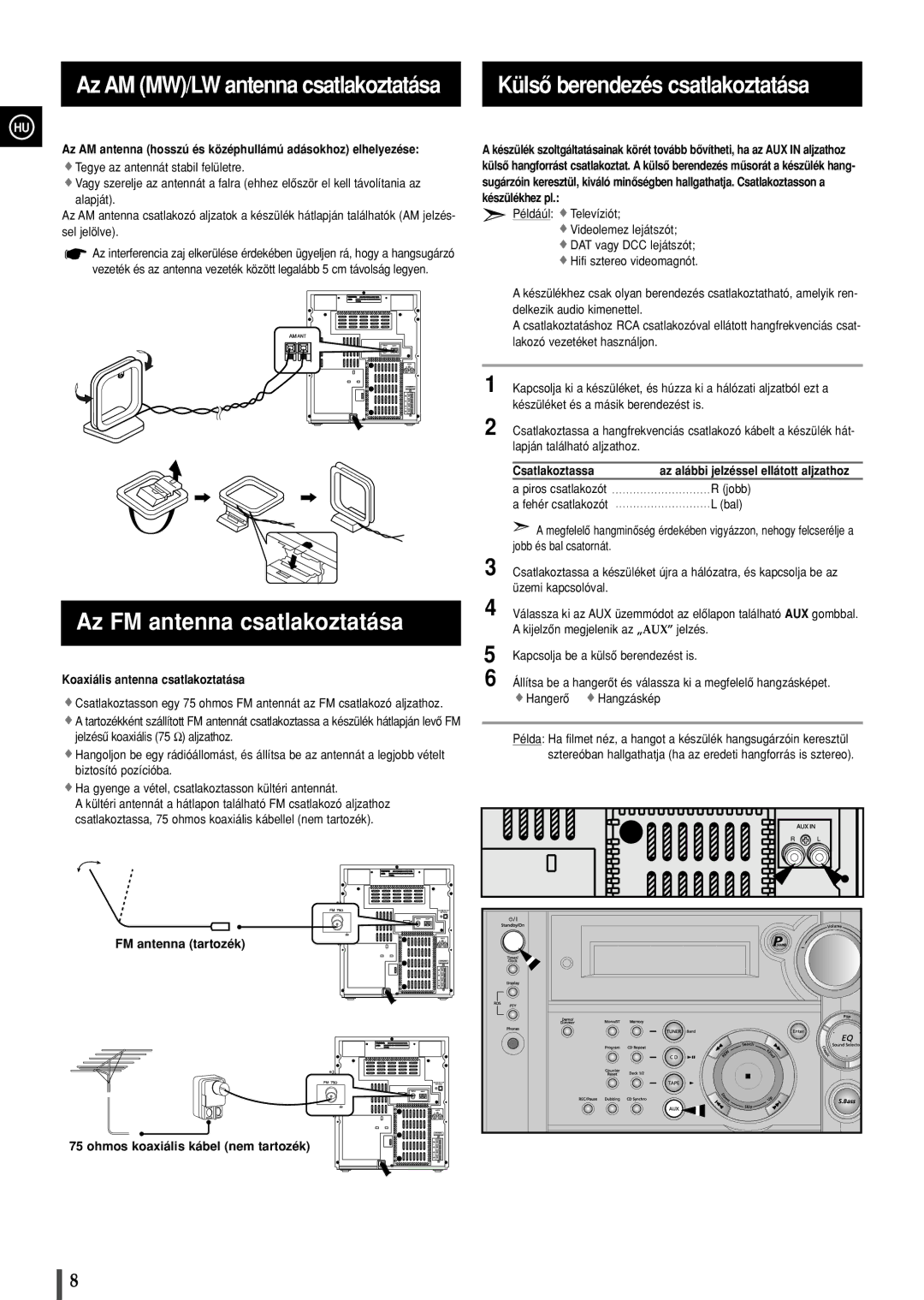 Samsung MAXS520RH/ELS, MAXS530RH/ELS manual Az FM antenna csatlakoztatása, Külsô berendezés csatlakoztatása 