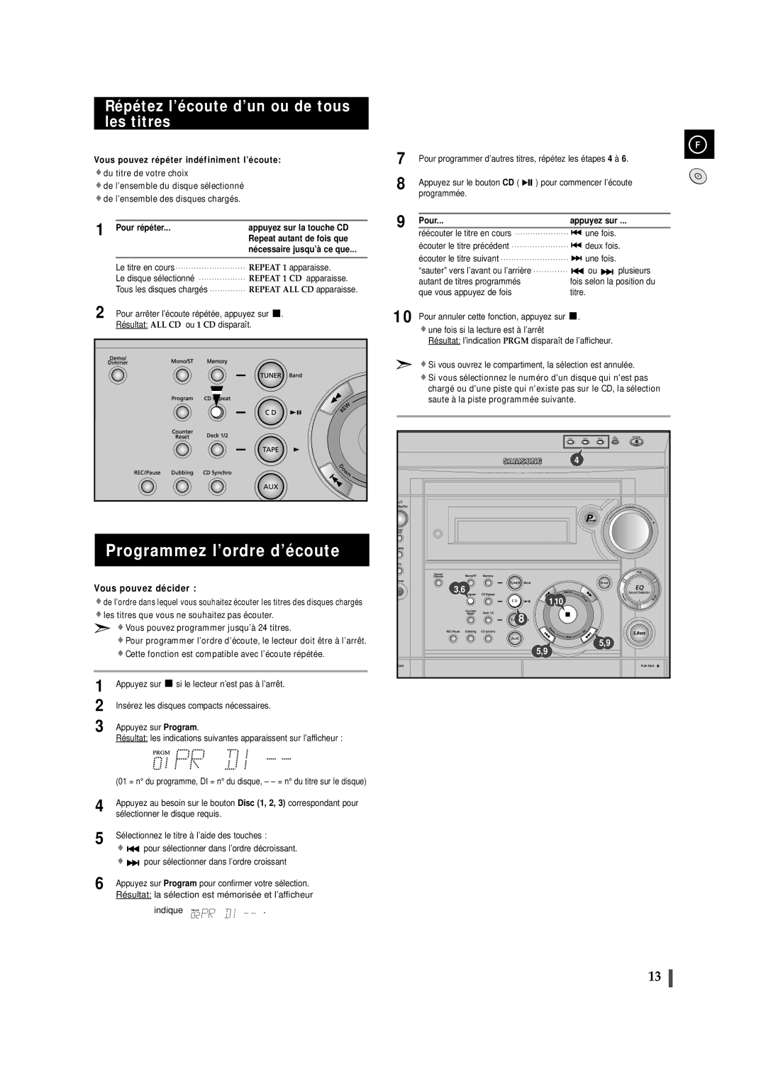 Samsung MAXS530RH/XEF manual Programmez l’ordre d’écoute, Répétez l’écoute d’un ou de tous les titres, Pour Appuyez sur 