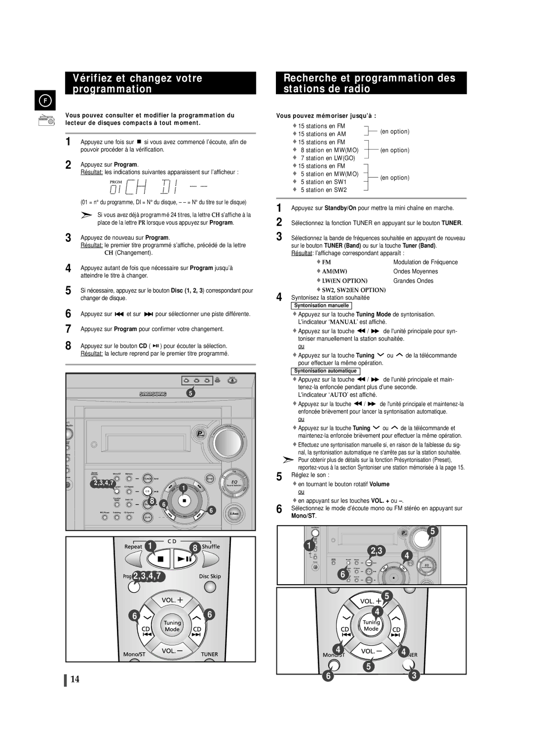 Samsung MAXS520RH/XEF Vérifiez et changez votre programmation, Recherche et programmation des stations de radio, Mono/ST 