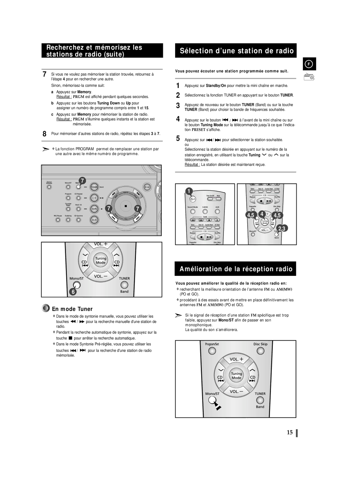 Samsung MAXS530RH/XEF, MAXS520RH/XEF Sélection d’une station de radio, Recherchez et mémorisez les stations de radio suite 