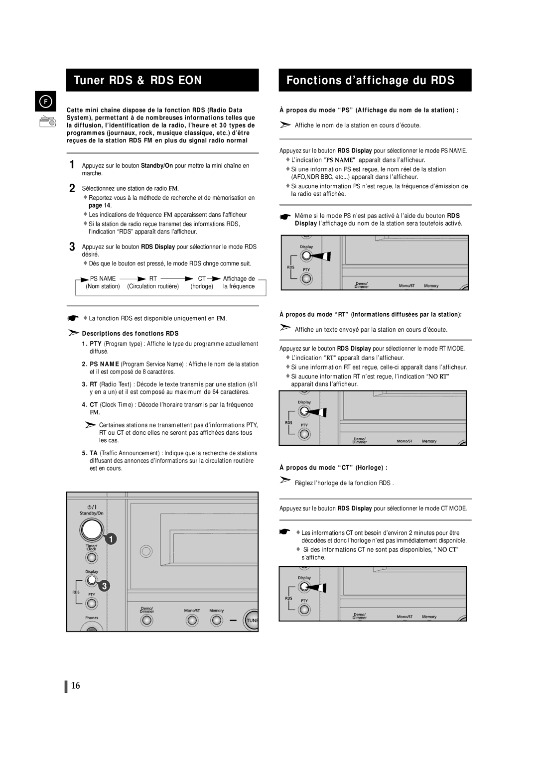 Samsung MAXS520RH/XEF, MAXS530RH/XEF manual Tuner RDS & RDS EON, Fonctions d’affichage du RDS 