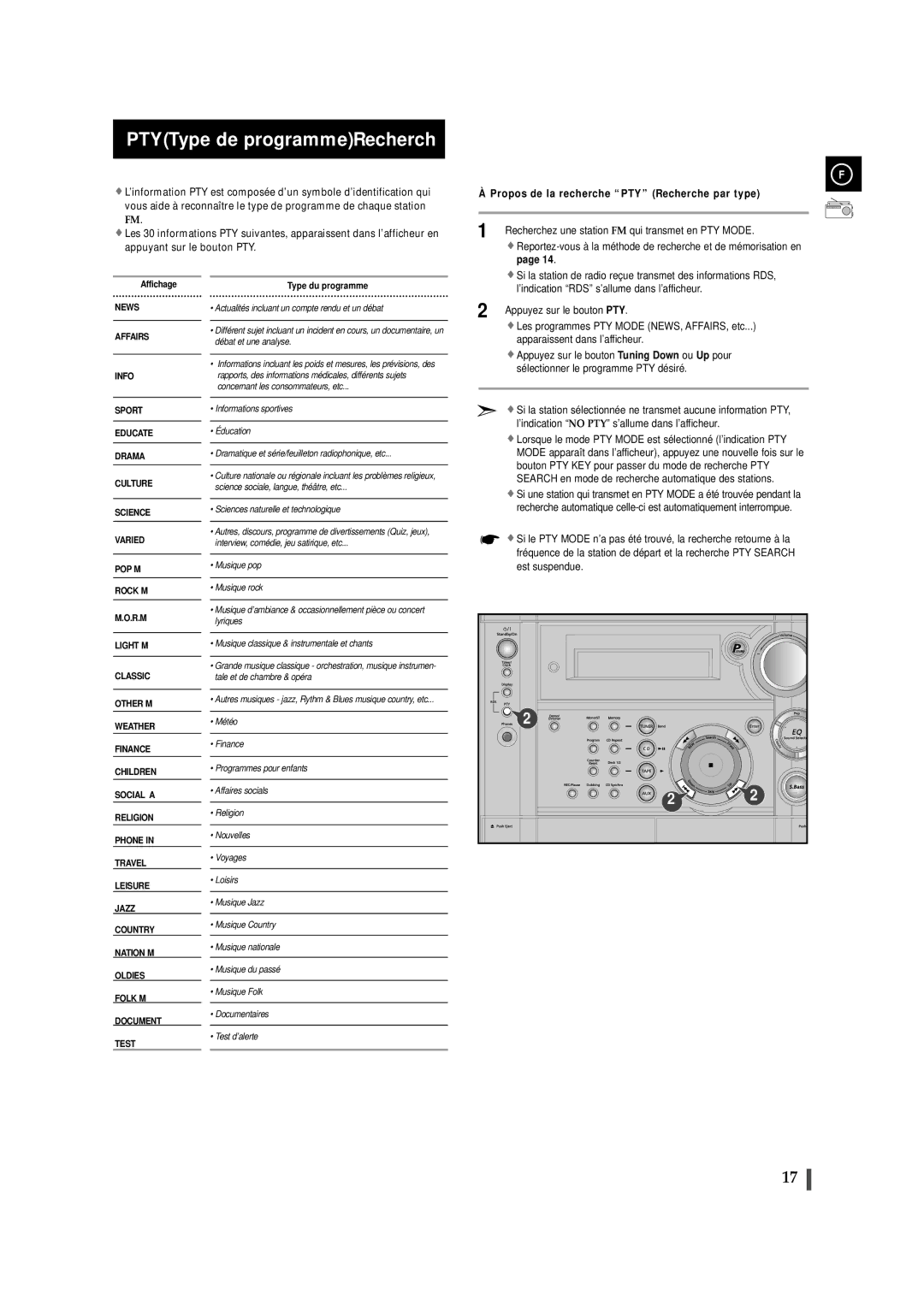 Samsung MAXS530RH/XEF, MAXS520RH/XEF manual PTYType de programmeRecherch, Propos de la recherche PTY Recherche par type 