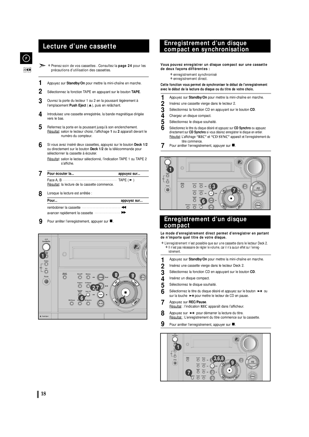 Samsung MAXS520RH/XEF, MAXS530RH/XEF manual Lecture d’une cassette, Enregistrement d’un disque compact en synchronisation 