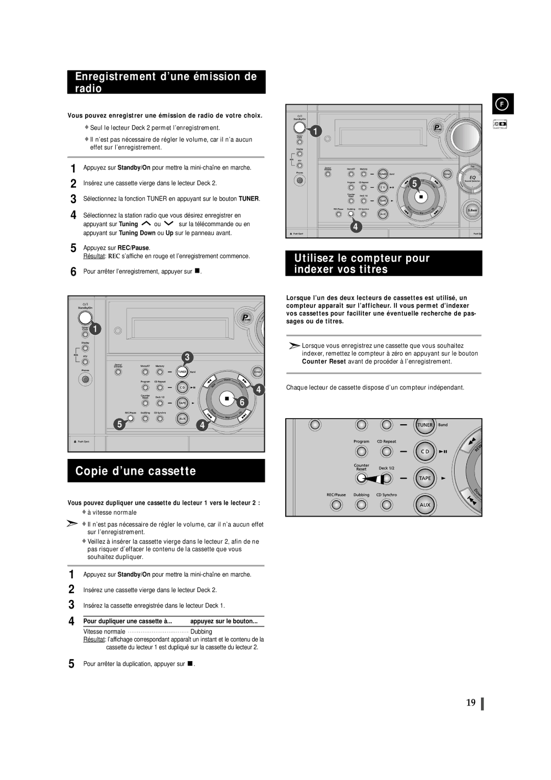 Samsung MAXS530RH/XEF manual Copie d’une cassette, Enregistrement d’une émission de radio, Pour dupliquer une cassette à 