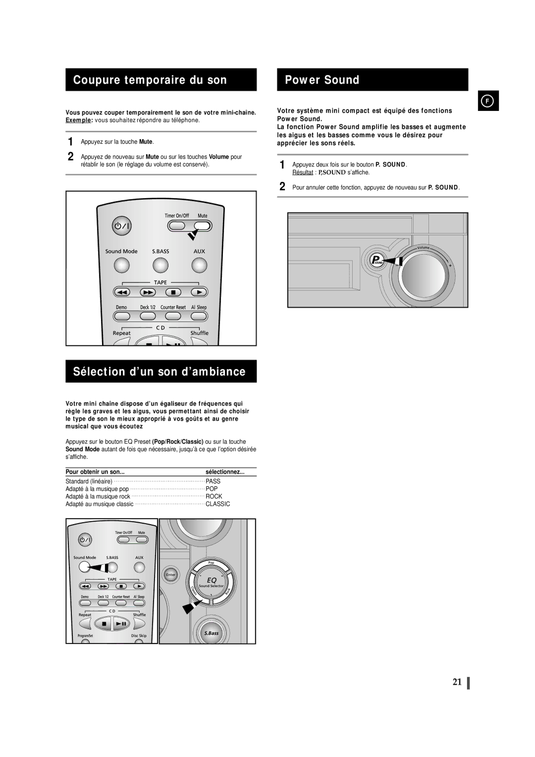 Samsung MAXS530RH/XEF manual Coupure temporaire du son, Sélection d’un son d’ambiance, Power Sound, Pour obtenir un son 