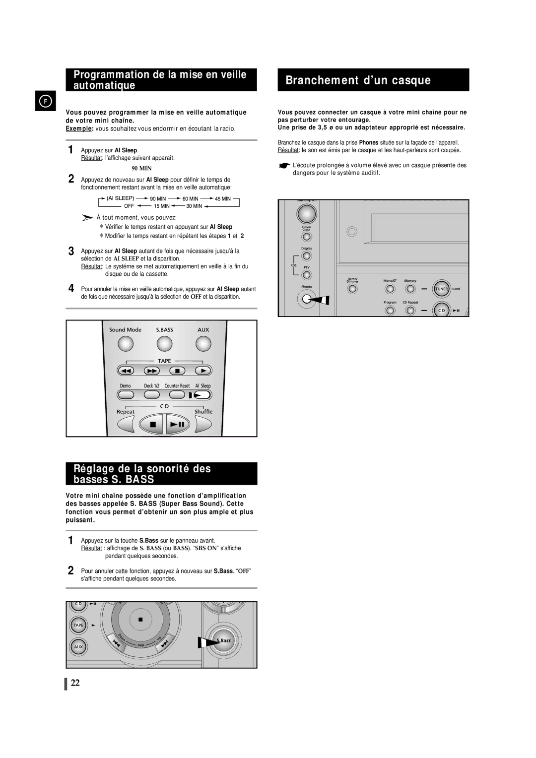 Samsung MAXS520RH/XEF, MAXS530RH/XEF manual Branchement d’un casque, Programmation de la mise en veille automatique 