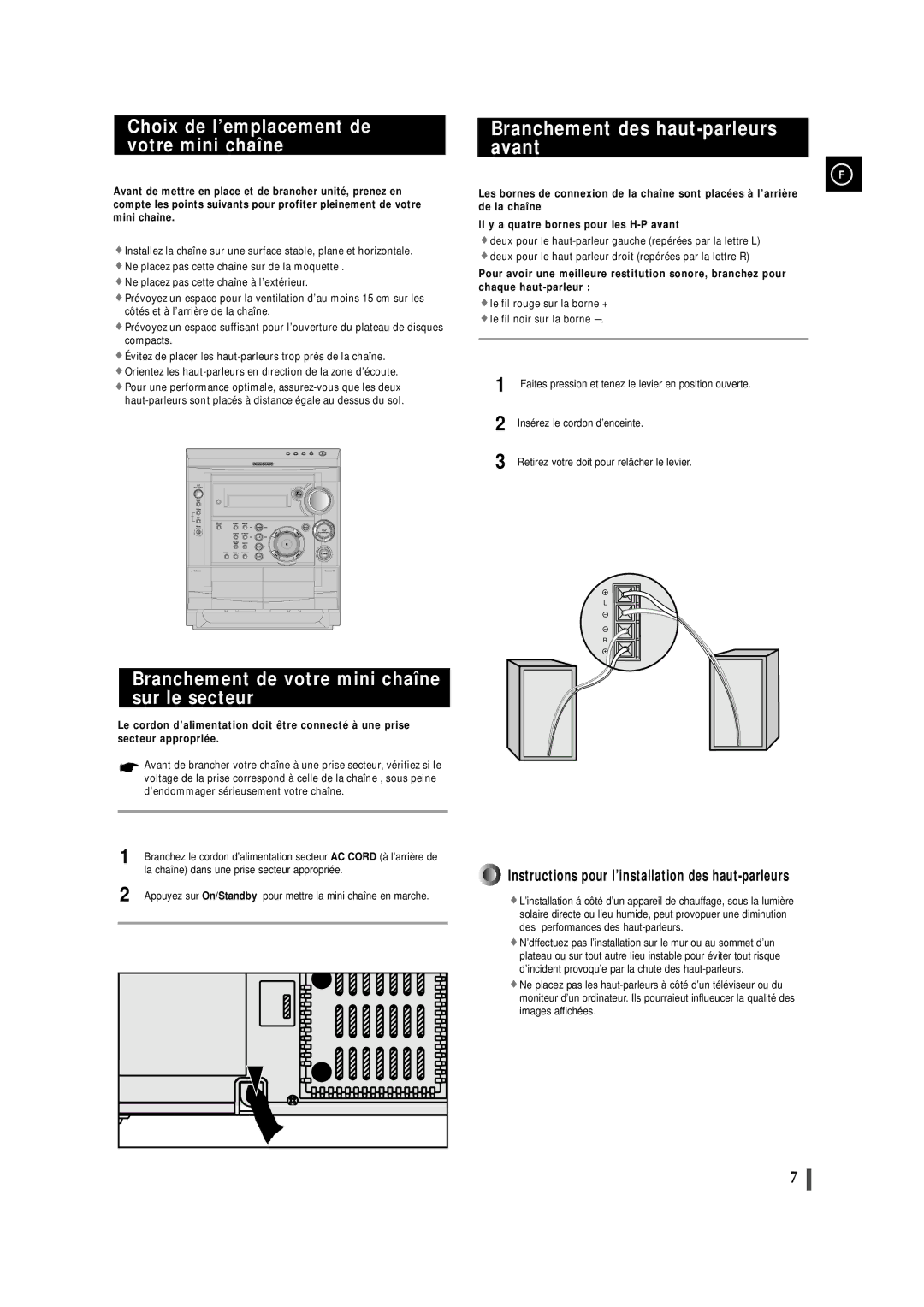 Samsung MAXS530RH/XEF, MAXS520RH/XEF manual Branchement des haut-parleurs avant, Choix de l’emplacement de votre mini chaîne 