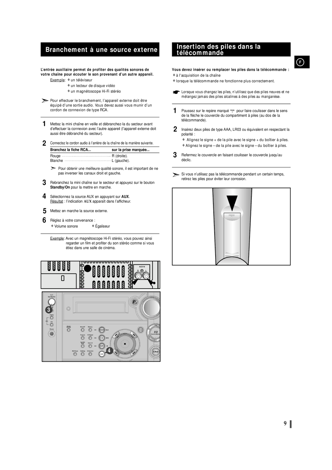 Samsung MAXS530RH/XEF, MAXS520RH/XEF manual Branchement à une source externe, Insertion des piles dans la télécommande 