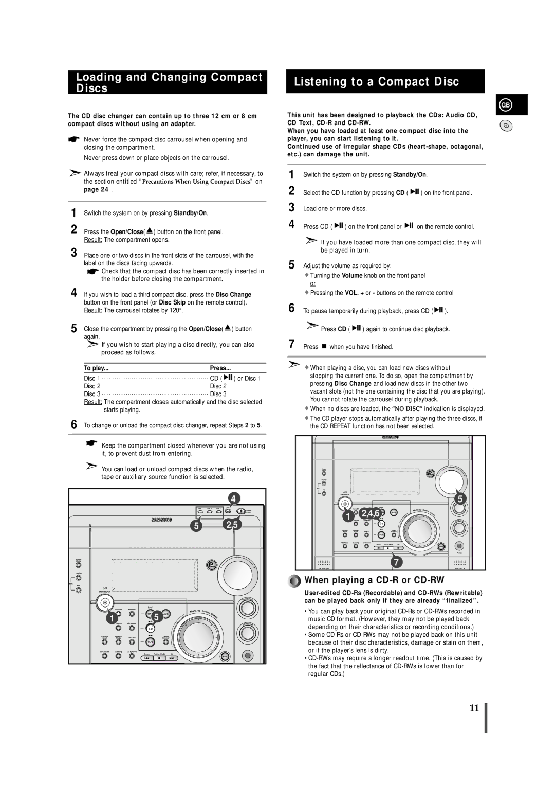 Samsung MAXS720SRH/ELS, MAXS720RH/ELS manual Listening to a Compact Disc, Loading and Changing Compact Discs, To play 