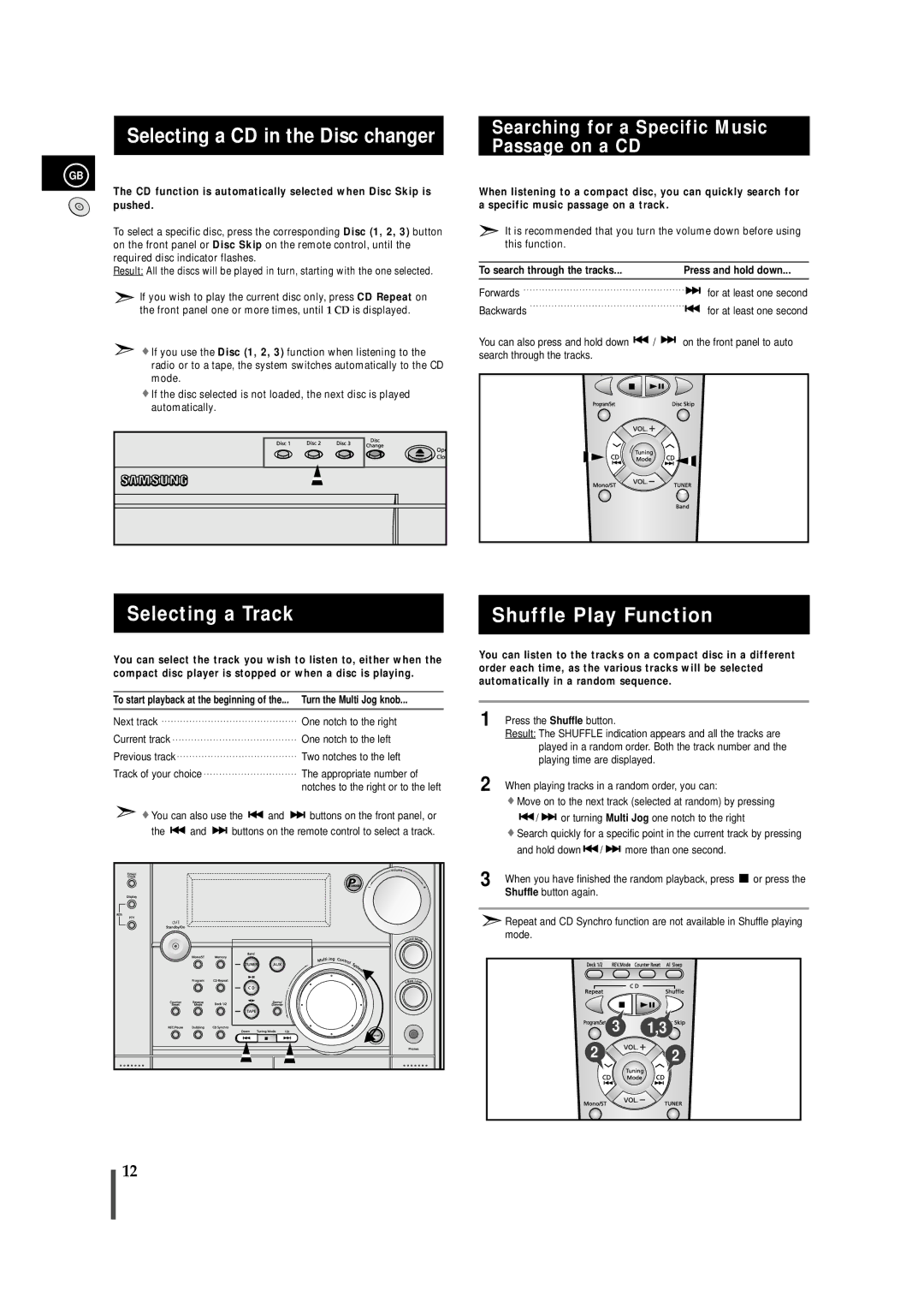 Samsung MAXS720RH/ELS, MAXS720RH/XEF manual Selecting a CD in the Disc changer, Selecting a Track, Shuffle Play Function 