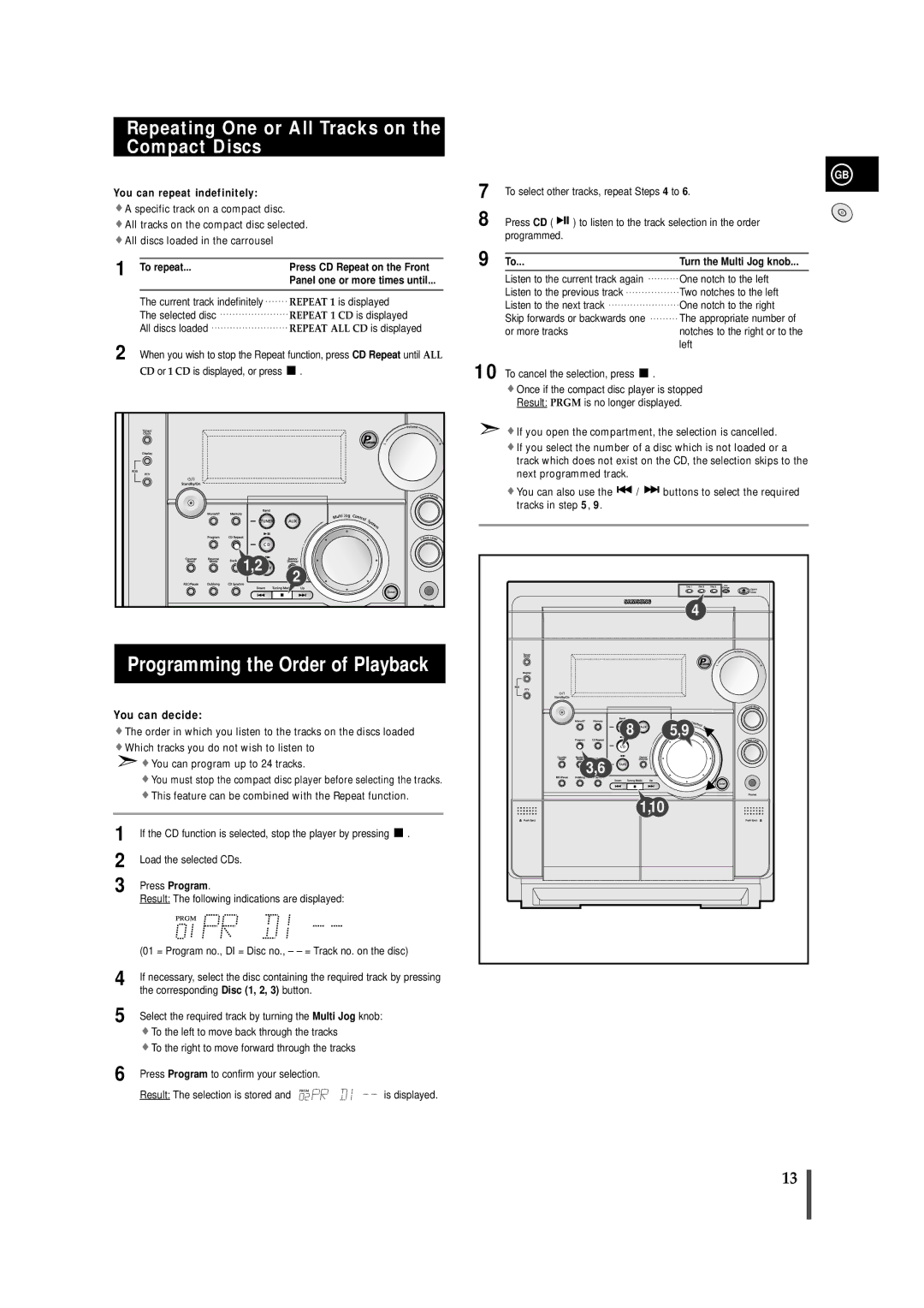 Samsung MAXS720RH/XEF manual Programming the Order of Playback, Repeating One or All Tracks on the Compact Discs, To repeat 