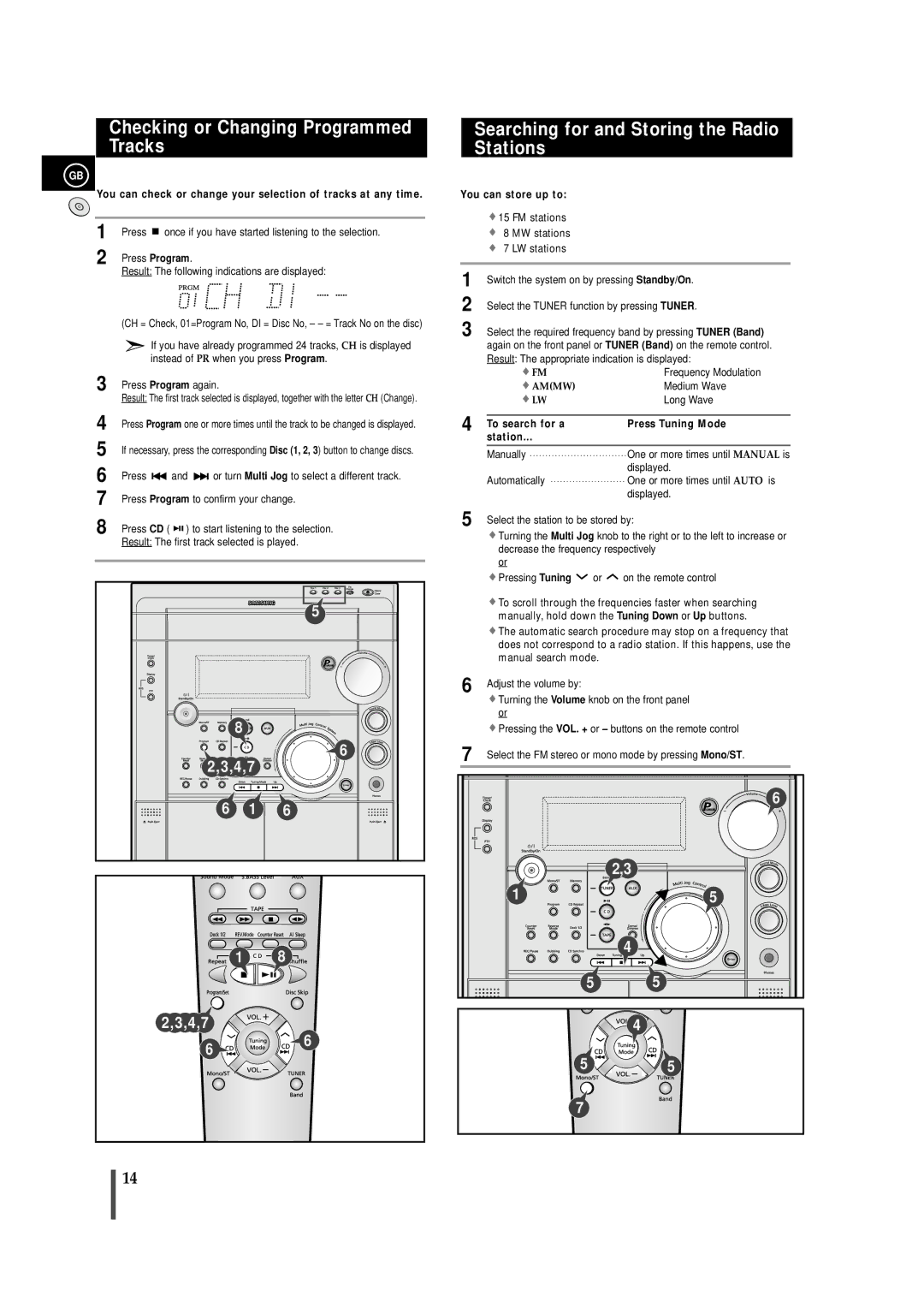 Samsung MAXS720SRH/ELS, MAXS720RH/ELS Checking or Changing Programmed Tracks, Searching for and Storing the Radio Stations 